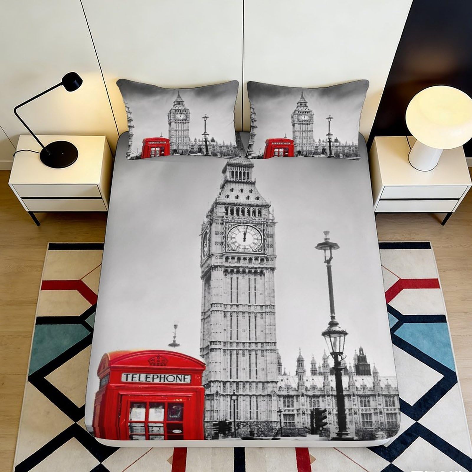 3D Printed London Big Ben Fitted Sheet Microfiber Soft Red Telephone Booth Mattress Cover for Bedroom Hotel Decor 90x200x25cm