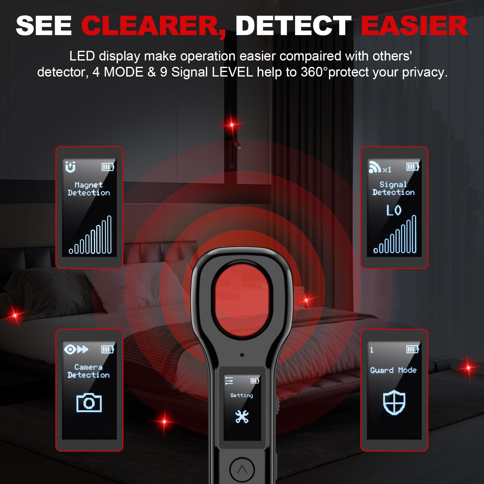 Détecteur de caméra espion LED amélioré avec 4 modes et 9 niveaux de signal ; détecteur de caméra cachée avec 8 niveaux de sensibilité, traceur GPS et détecteur ; convient pour une utilisation dans