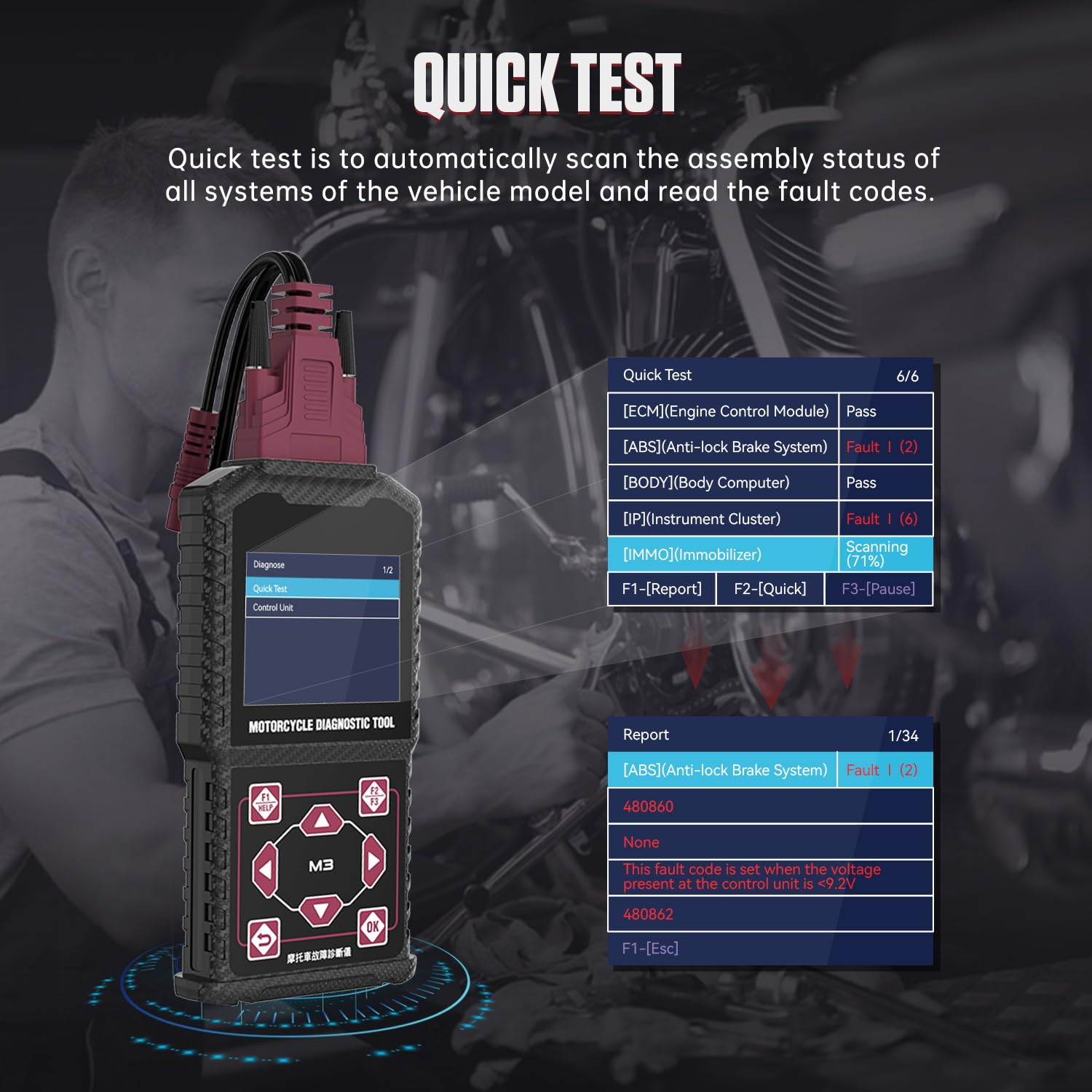 M3-A moto diagnostica moto lettore di codice Scanner moto strumento diagnostico con prova di tensione Test rapido per HO*NDA YAM*AHA KA*WASAKI OBDII