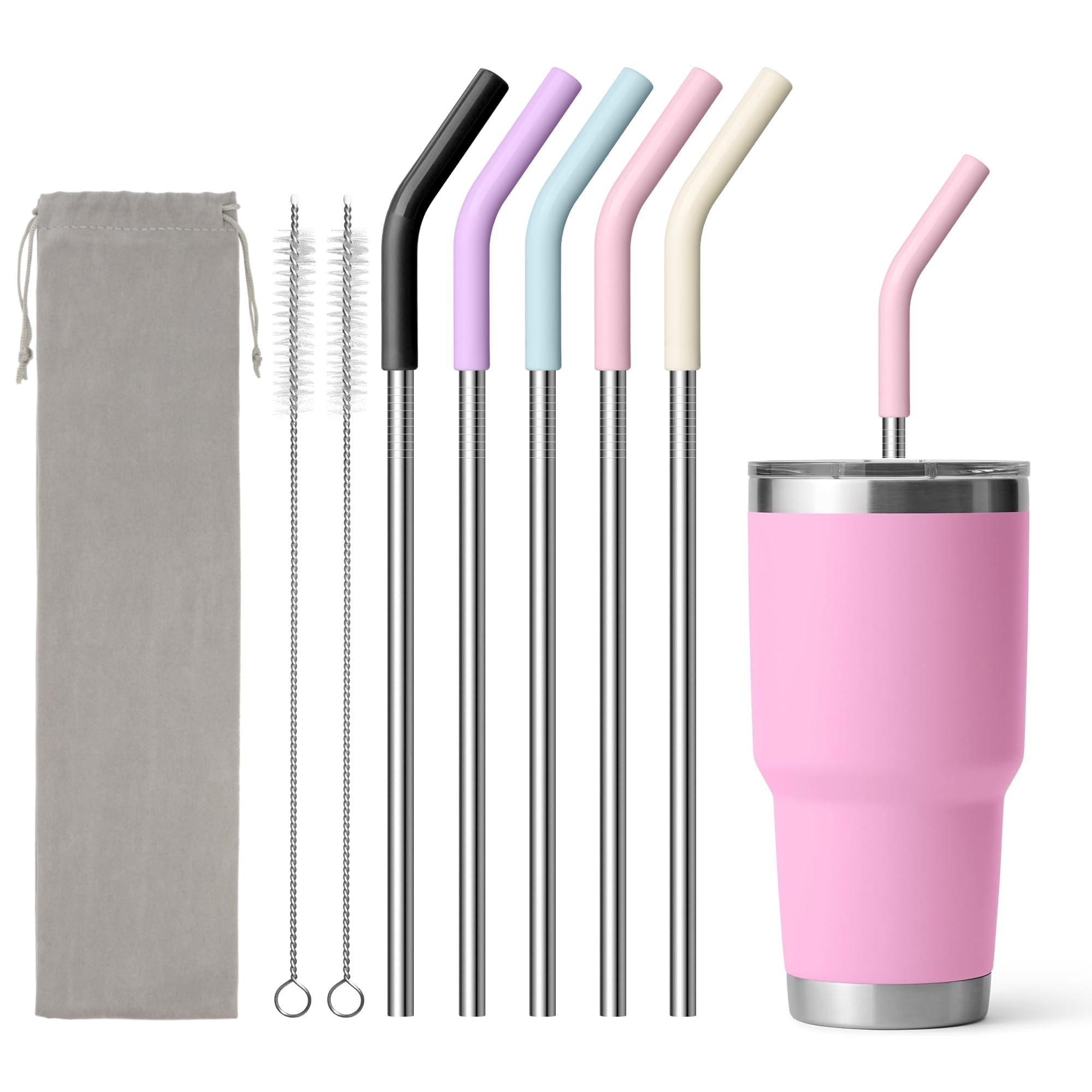 Metal Straws for YETI 30 oz Tumbler, 9.5" Reusable Straw with Silicone Tip