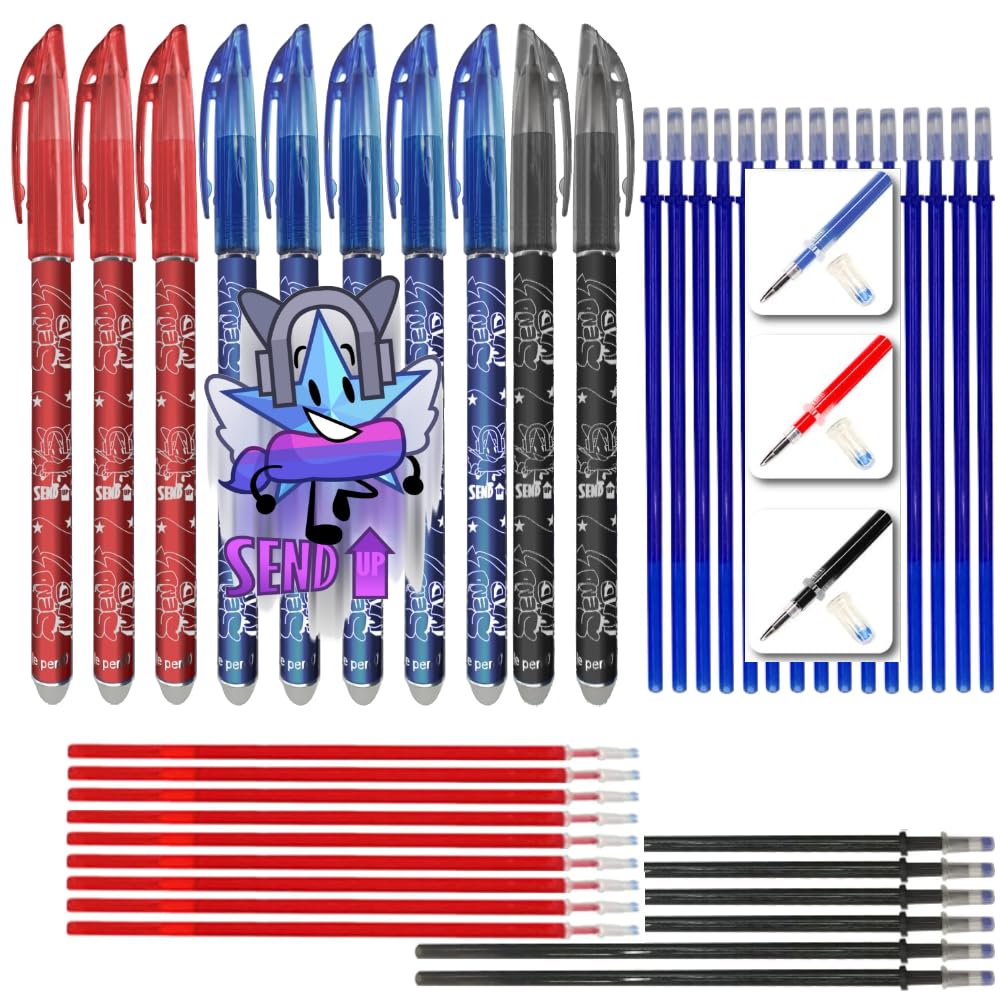 Bolígrafo de gel borrable 2 negros, 3 rojos, 5 azules y 30 recargas (6 negro - 9 rojo - 15 azul), punta 0,7 - con 2 cm de tinta más llena que las demás