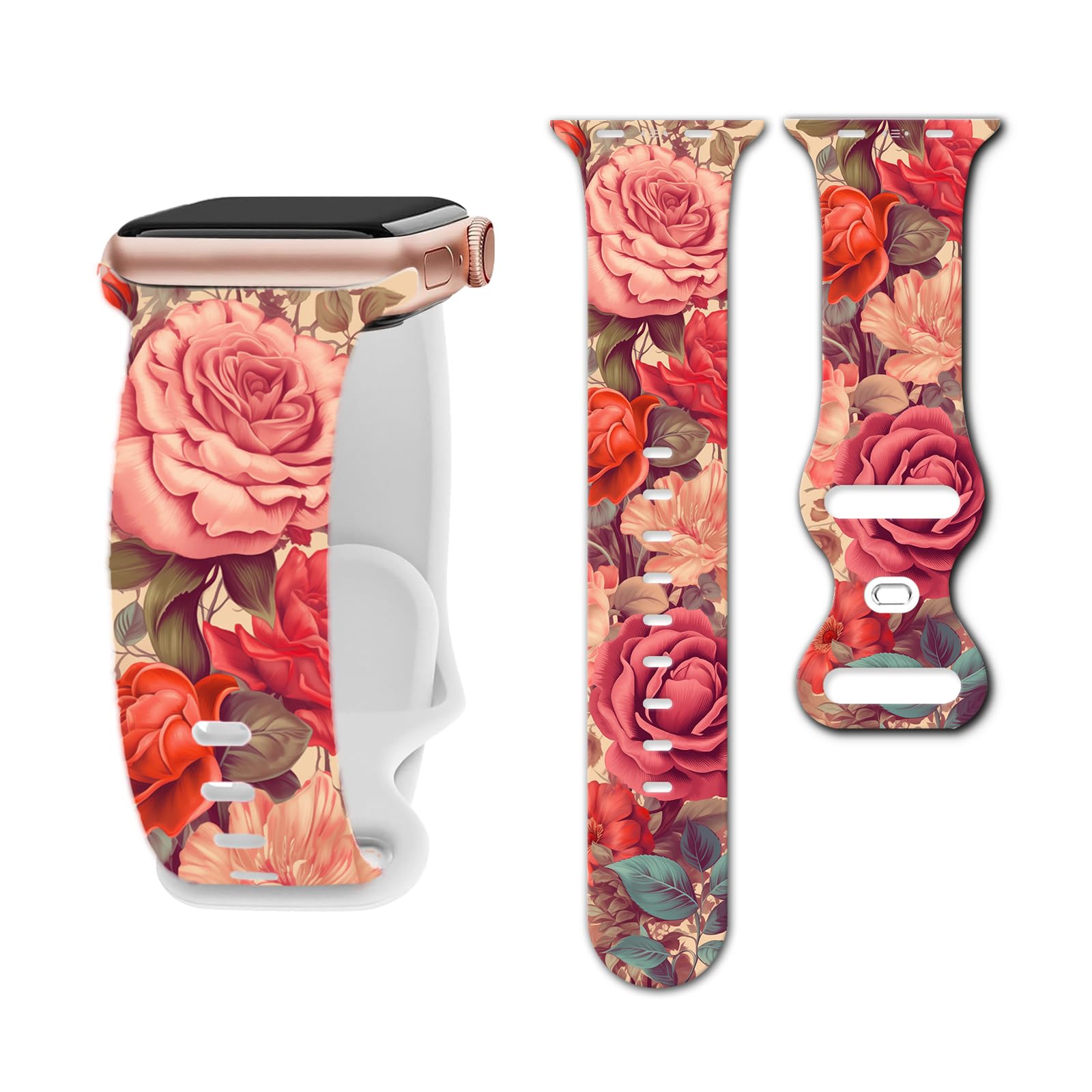Sport Band Floral Printed Compatible with Apple Watch Bands 49mm 45mm 44mm 42mm 41mm 40mm 38mm Women, Silicone Flower Printed Fadeless Pattern Design Strap for iWatch Series10，9, 8,7,6,5,4,3,2,1,SE