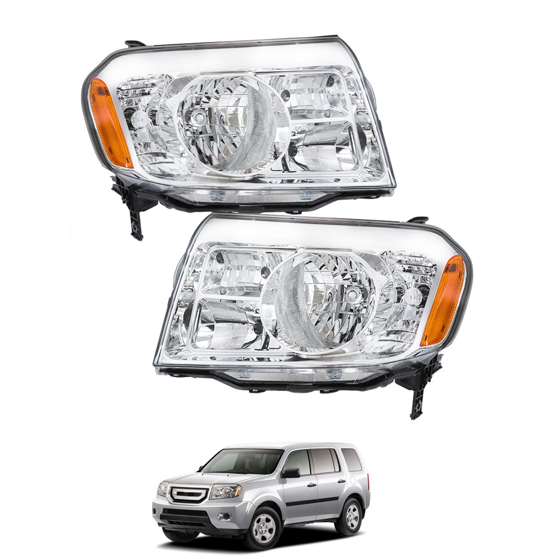 TJHSM Headlights Headlamps Assembly Left and Right Side Chrome Housing Replacement for Pilot 2009 2010 2011