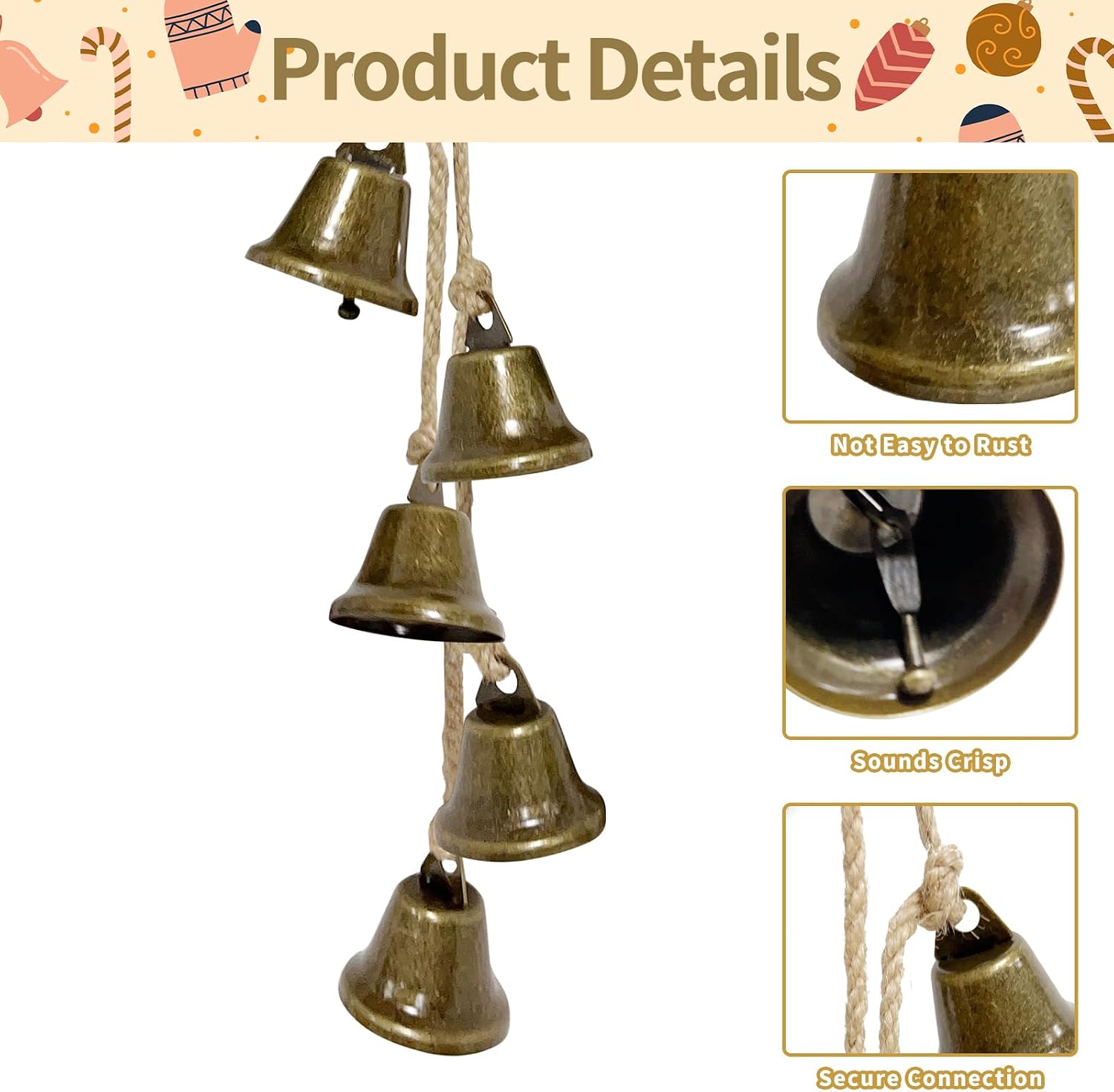 2 Pack 15.8 Inches Witch Bells for Door Knob, Brass-Colored Iron Bell Strings with 8 Bells, Witchcraft Supplies Door Bell, Vintage Witch Decor Wind Chimes for Home Protection image 3