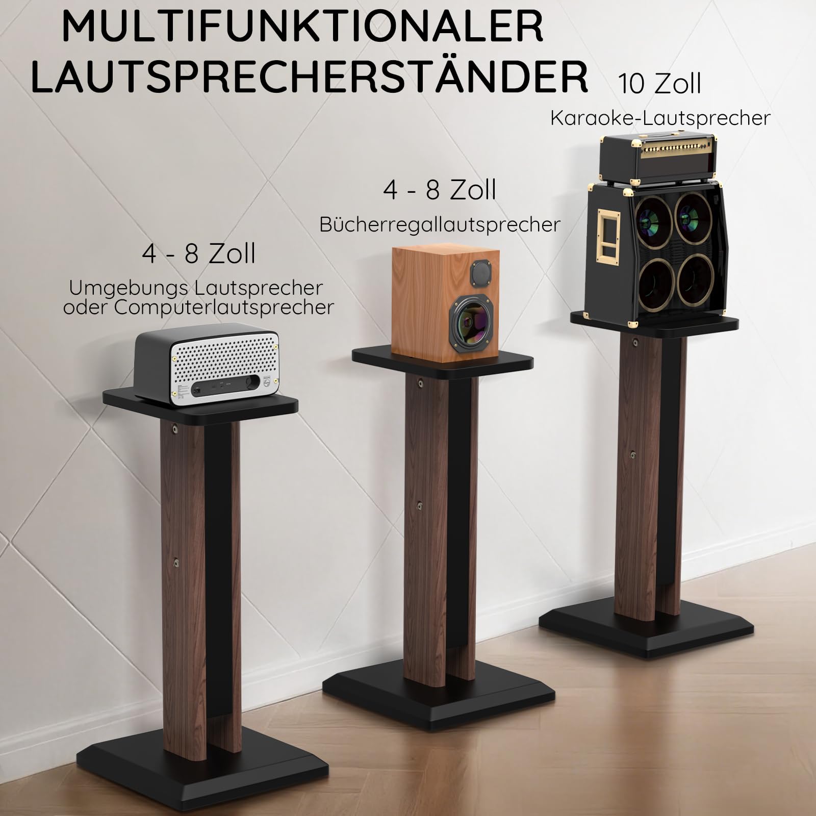 Lautsprecherständer 65-85cm höhenverstellbar, Boxenständer Holz für Satelliten Regallautsprecher von 4 bis 10 Zoll, 20kg Tragkraf, 2er-Set