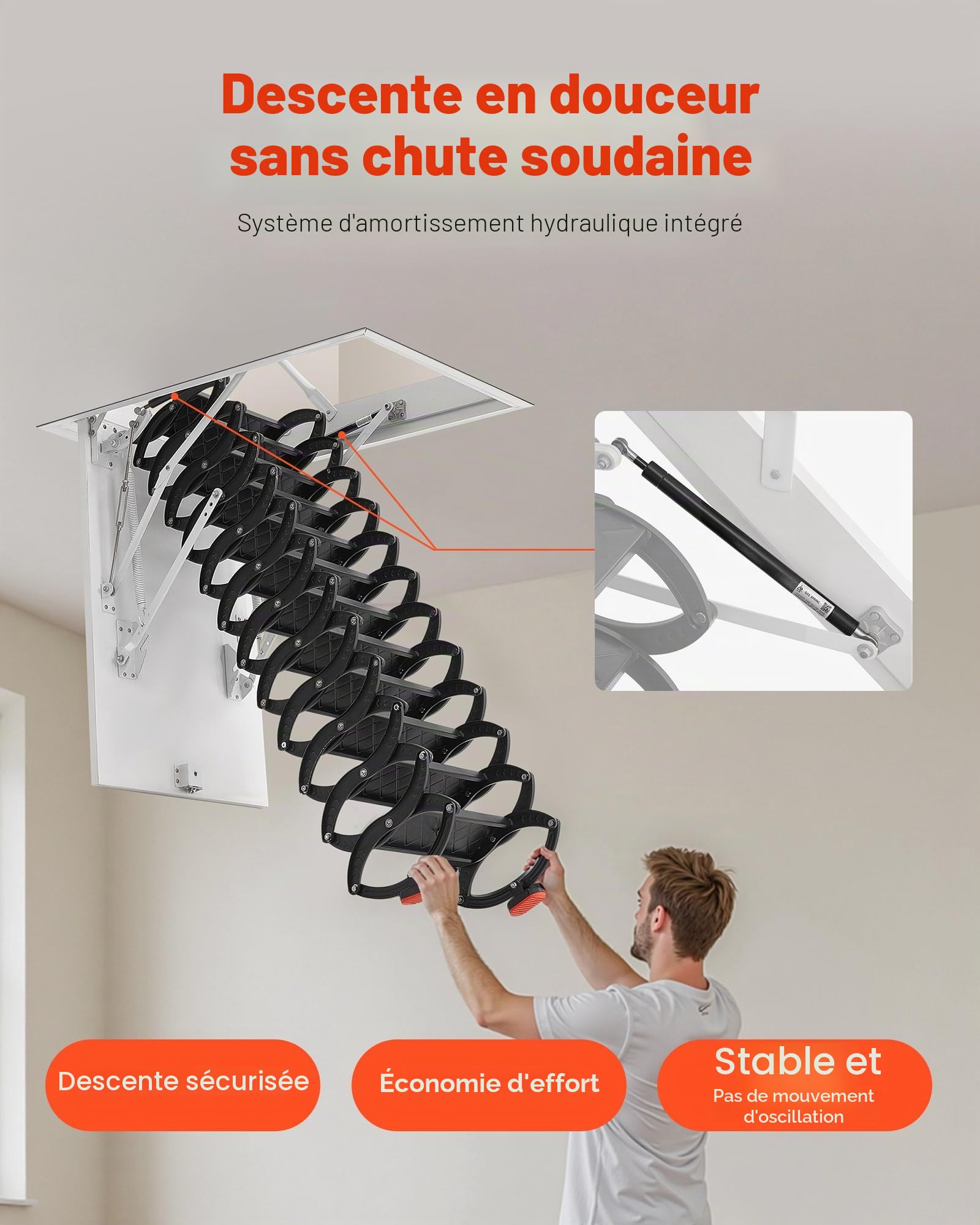 VEVOR Échelle de Grenier, Charge 299,4 kg, Escalier de Grenier Escamotable, Hauteur Installation 2,9-3,1 m, Ouverture 1000,76x698,5 mm, Tige de Traction, Échelle Rétractable Acier pour Accès Greniers