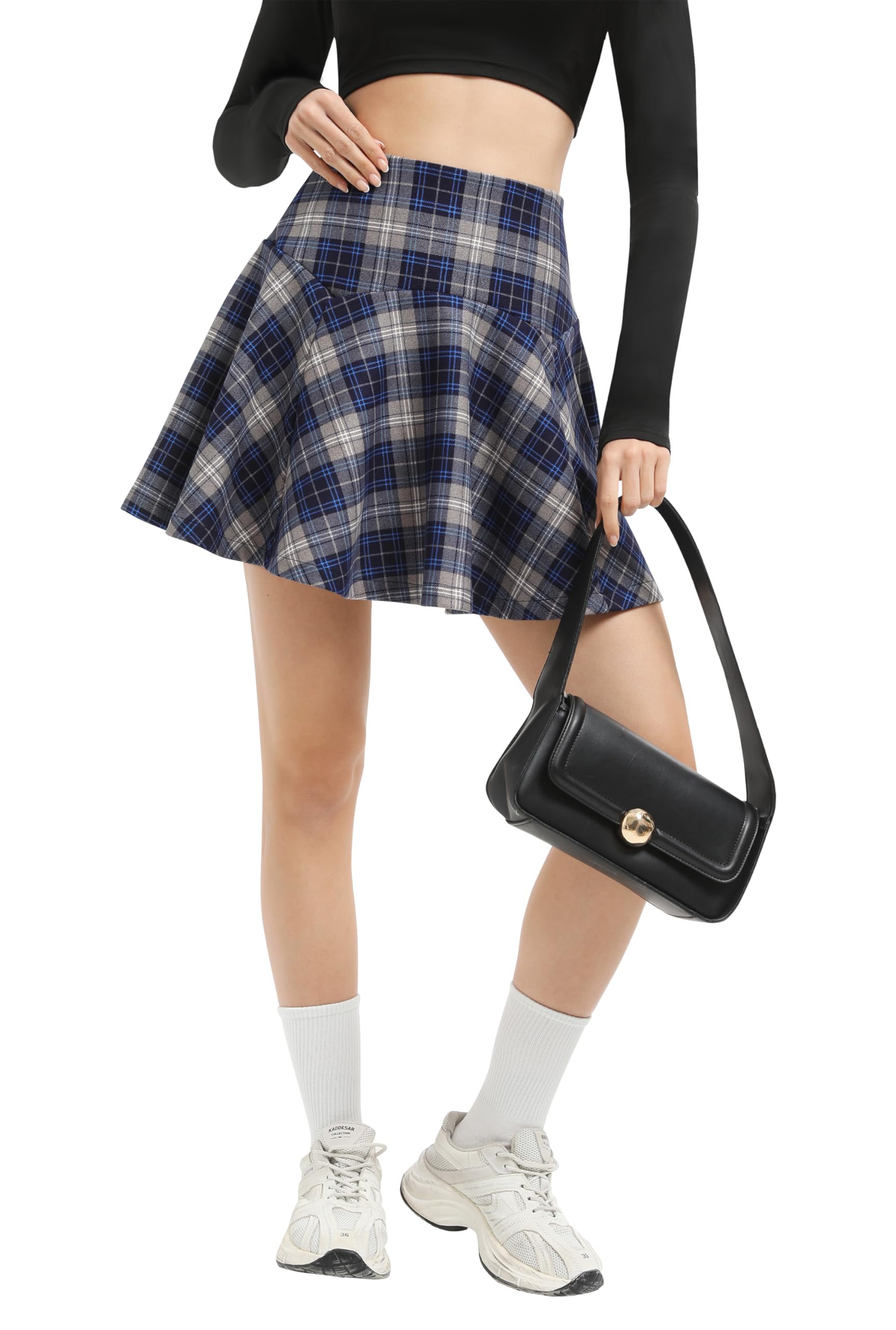 Urban CoCo Mini jupe patineuse évasée à carreaux taille élastique vintage pour femme