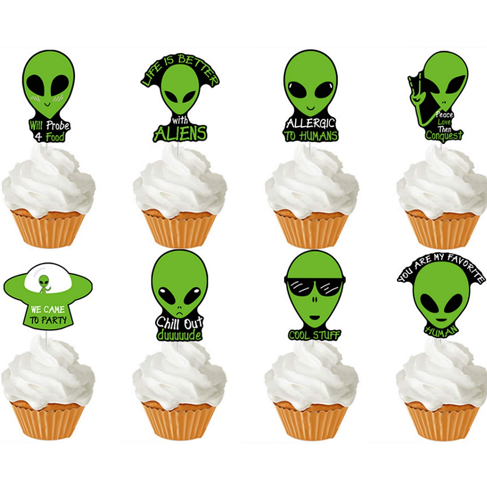 YiiiGoood24pcs Alien Theme Cupcake Toppers Funny Sarcastic Humor Hilarious Phrases Peace Love Then Conquest UFO Aliens Cupcake Decorations for Kids Adults Birthday Party Baby Shower Corporate Events