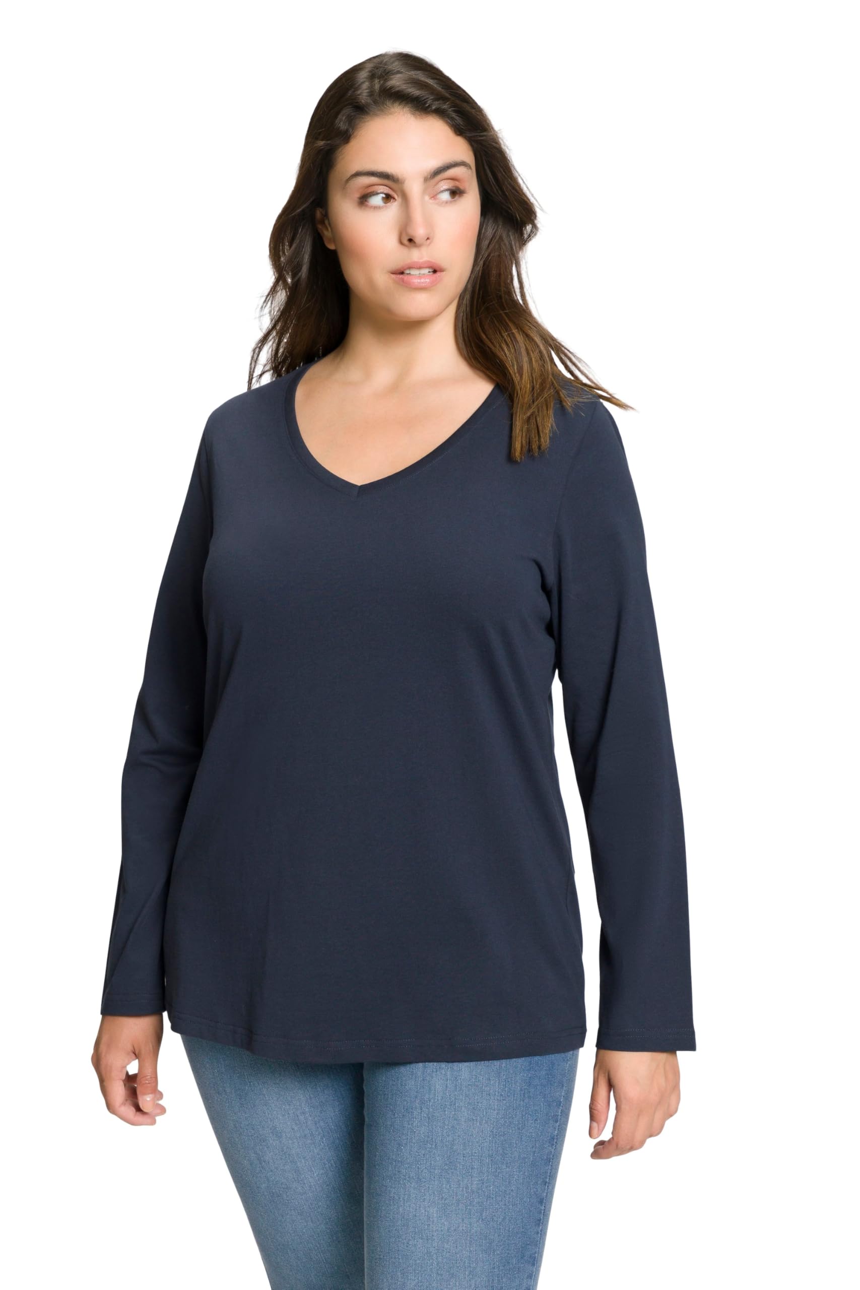 Ulla Popken Women's Basic Shirt, V-Ausschnitt, Slim, Langarm T-Shirts, Marine, 42/44