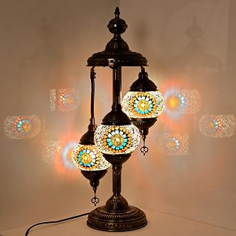 GOGERS Turkish Mosaic Table Lamp, 3 Globe Style Decorative Lamp with Handmade Glass Shades, Vintage Bronze Accent Lamp for Bedroom Living Room Colorful