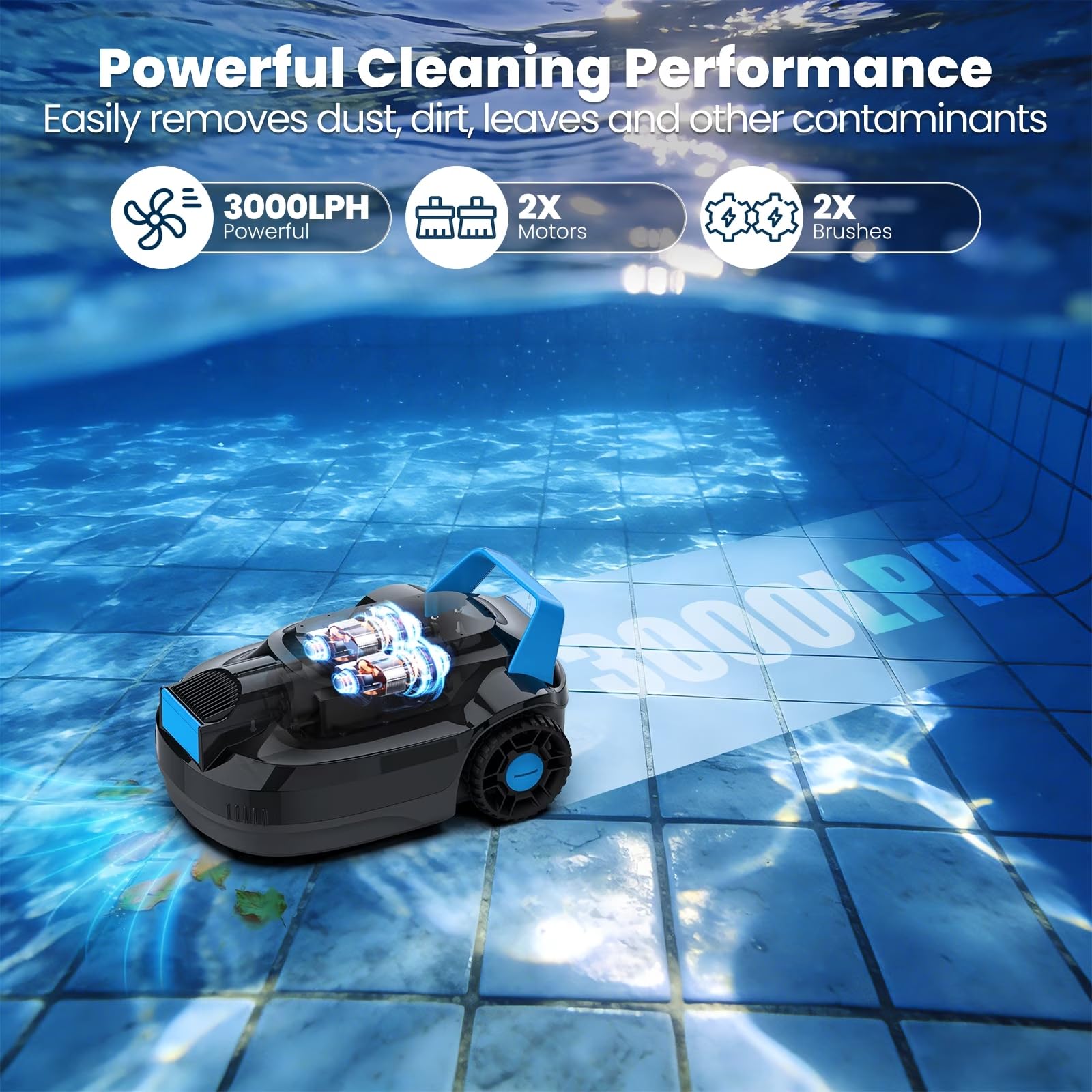 Robot pulitore per piscine senza fili, robot automatico per piscine fuori terra e interrate, autonomia di 100 minuti, aspirazione potente, pulitore per piscine autoparcheggiate per pavimenti piani