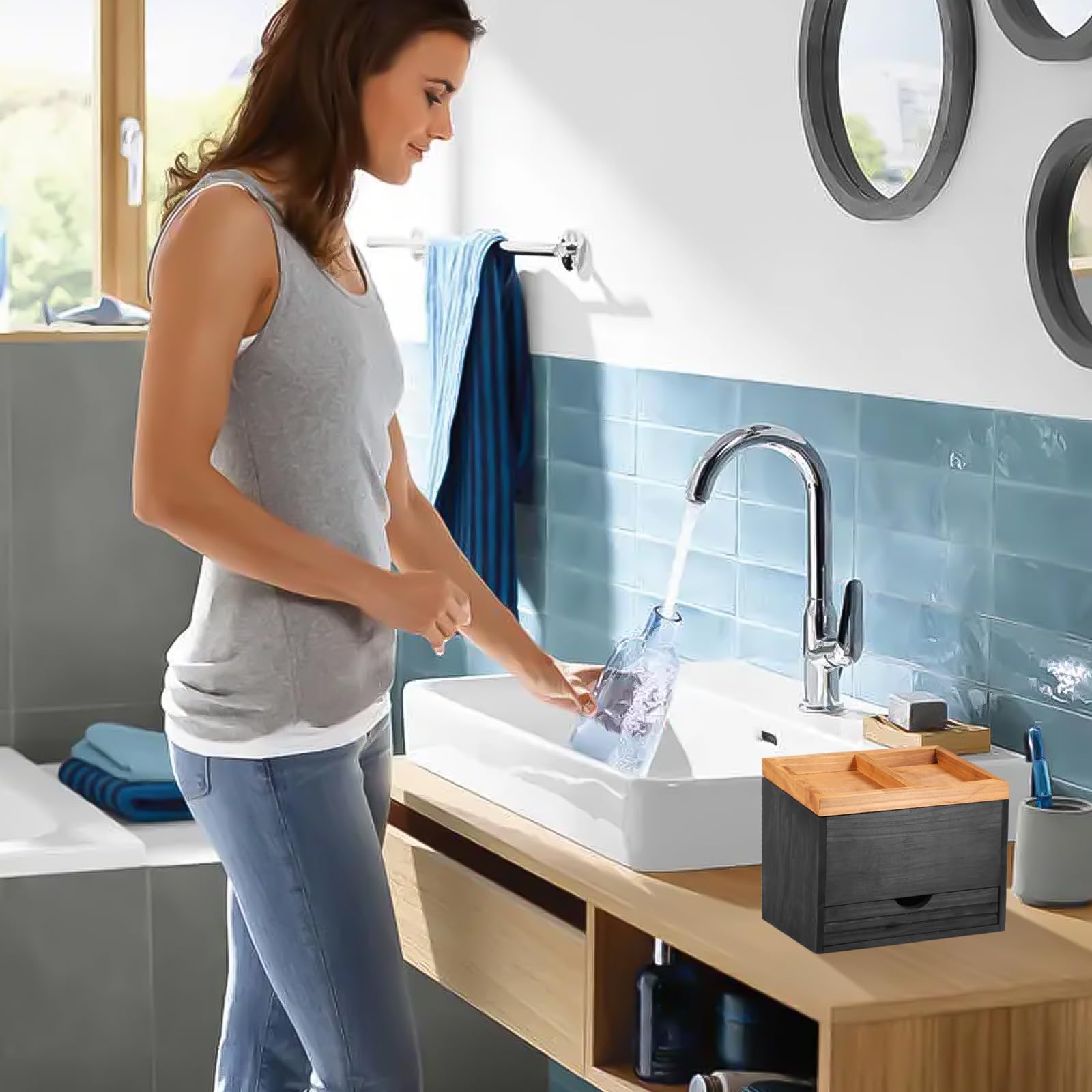 3Cartment Tampon Sto Box Nizer in legno per prodotti per l'igiene con Ders e coperchio 25 × 15 × 18 cm Divisore regolabile ideale per ragazze e donne