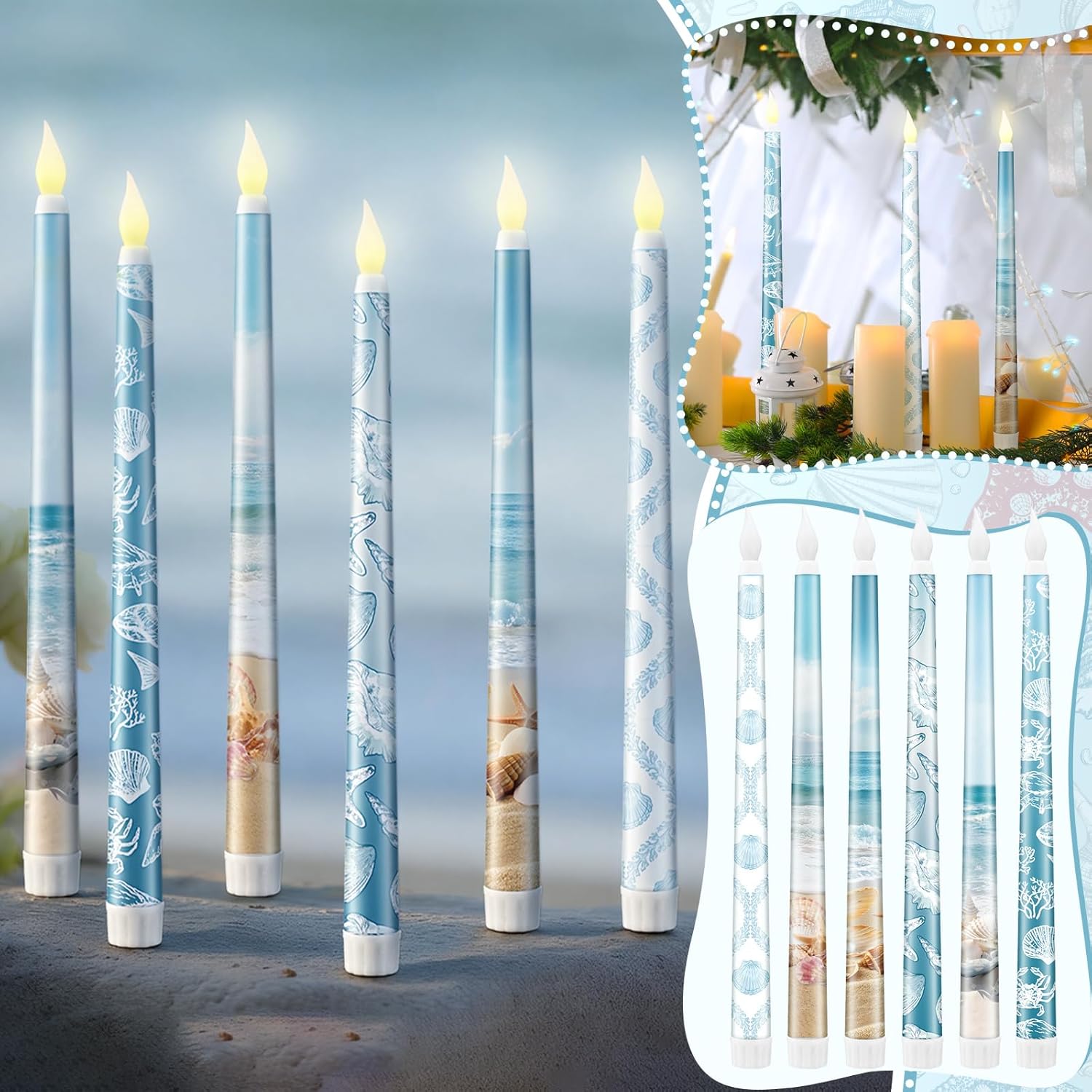 Riakrum 6 Pcs Summer Beach Tapered Candles Flameless Ocean Coastal Seashell Flameless Teal Starfish LED Battery Candles Coastal Wax with Blue Patterns for Indoor Home Table Centerpieces Decor Gift