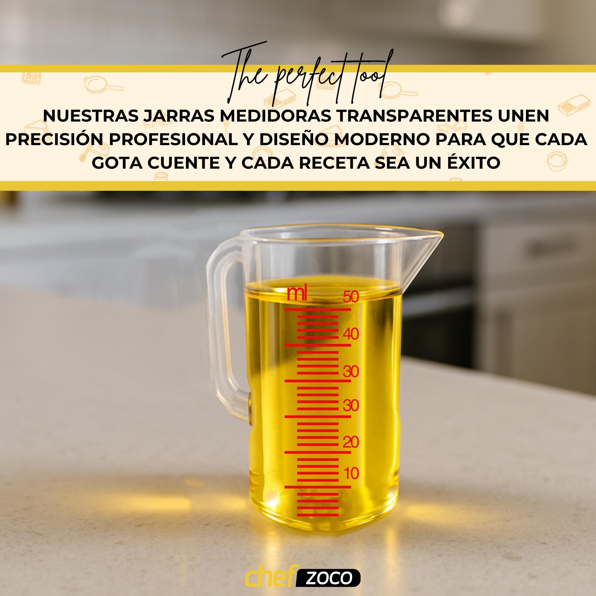 CHEFZOCO Jarra Medidora, Vaso medidor, Recipiente medidor para la cocina, Apto para calentar en microondas, Asa Ergonómica, Capacidad de 65 ml, Plástico, Transparente