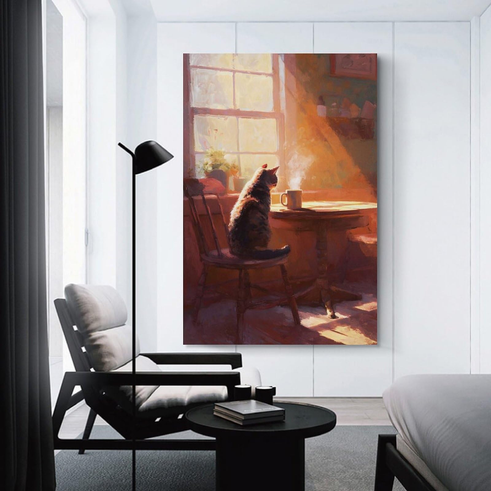 Junmoney Unframe-Style-15 Cat Coffee Morning Painting Wall Picture Print, 24X36inch(60X90cm), For New Homes, Bedrooms Or Workspaces, Thoughtful Wall Decor For Art Lovers