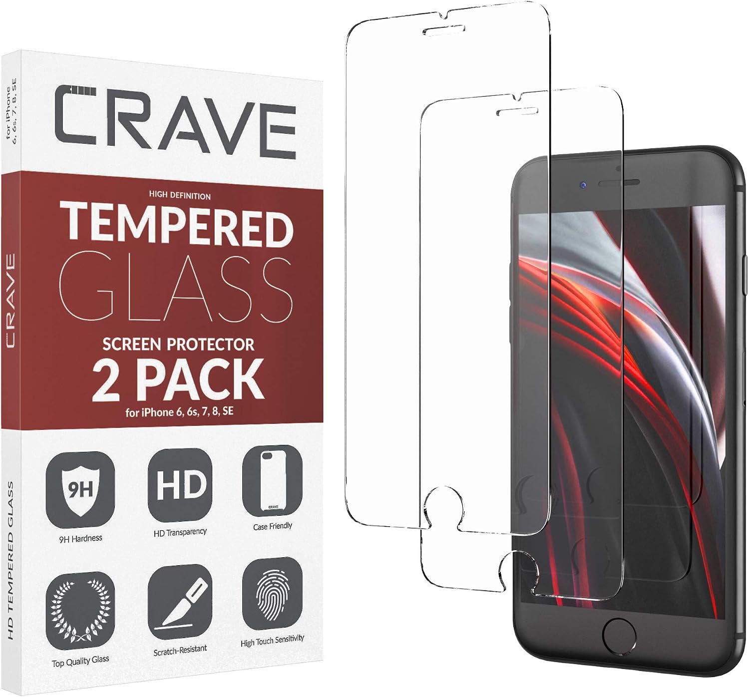 Crave Glass Screen Protector [UPDATED] for Apple iPhone SE 2020 8 7 6s 6 [2-Pack] HD Tempered Glass [Compatible with iPhone SE 2020, 8, iPhone 7, iPhone 6s, iPhone 6]
