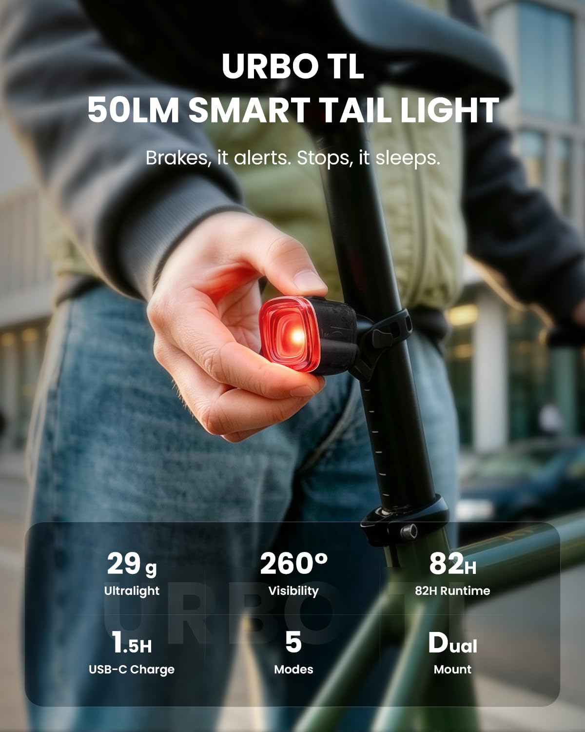 Ensemble d'éclairage vélo Magicshine URBO COMBO,feu arrière avec capteur de freinage et phare avant à coupure nette. Accessoires vélo ultralégers et étanches, idéaux pour les trajets urbains nocturnes | Phare de freinage, feu arrière, ultra léger, marche/
