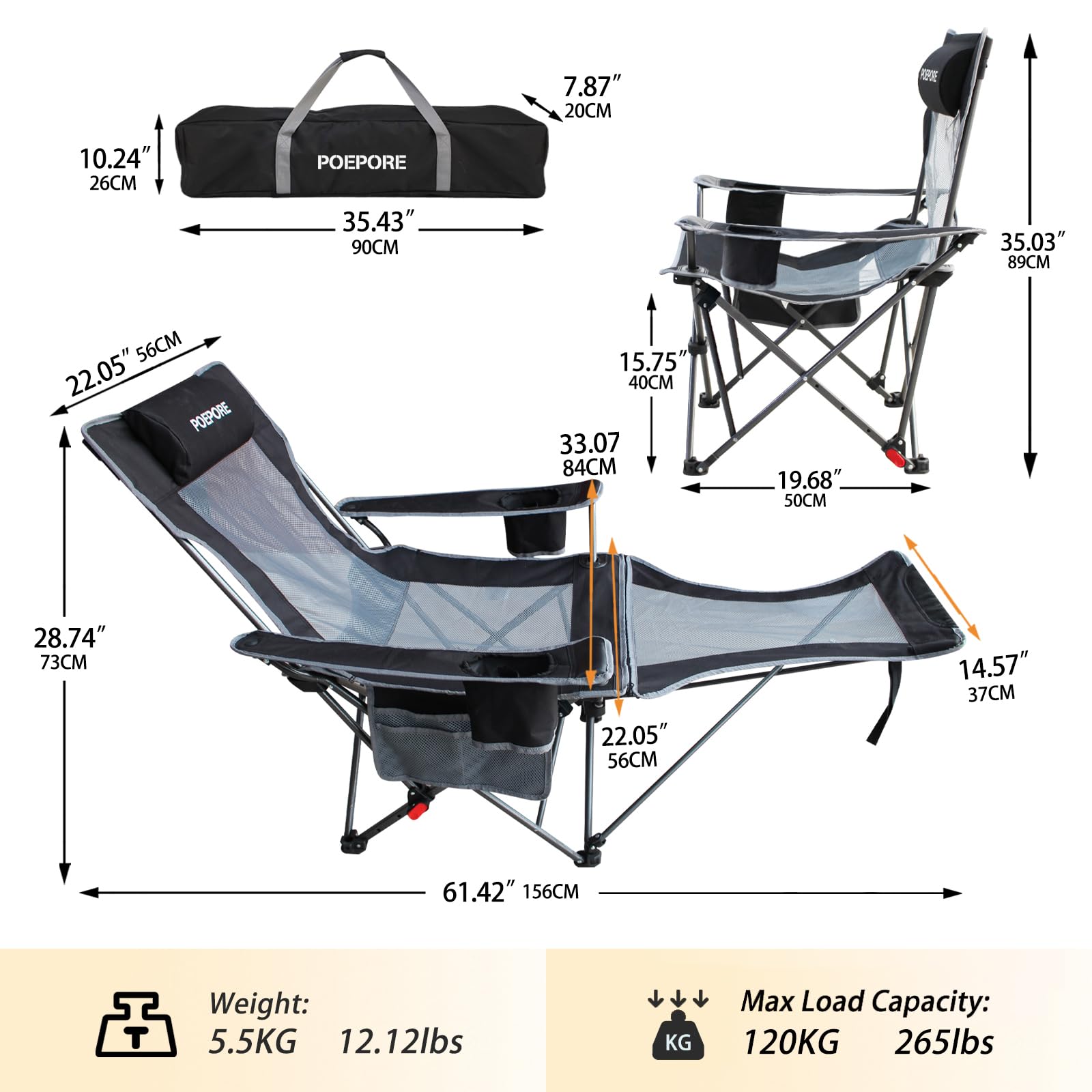POEPORE Campingstoel, set van 2, opvouwbaar, met voetensteun, 4-voudig verstelbare strandstoel, ligstoel, visstoel, campingstoelen voor volwassenen, met wattenpad, kussen, bekerhouder