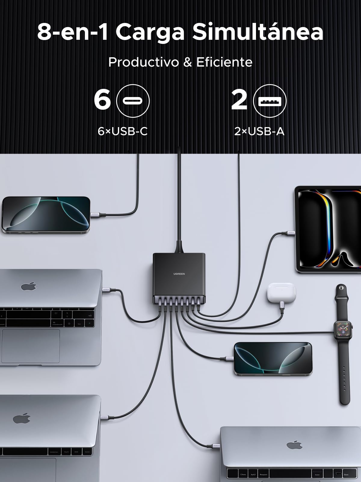 UGREEN Zapix 200W Cargador USB C GAN Estación de Carga de Sobremesa | 8 Puerto 100W PD 3.1 PPS 45W Carga Rápida GAN Compatible con MacBook Pro Air iPhone 17 Pro Max Air 16 Galaxy S26