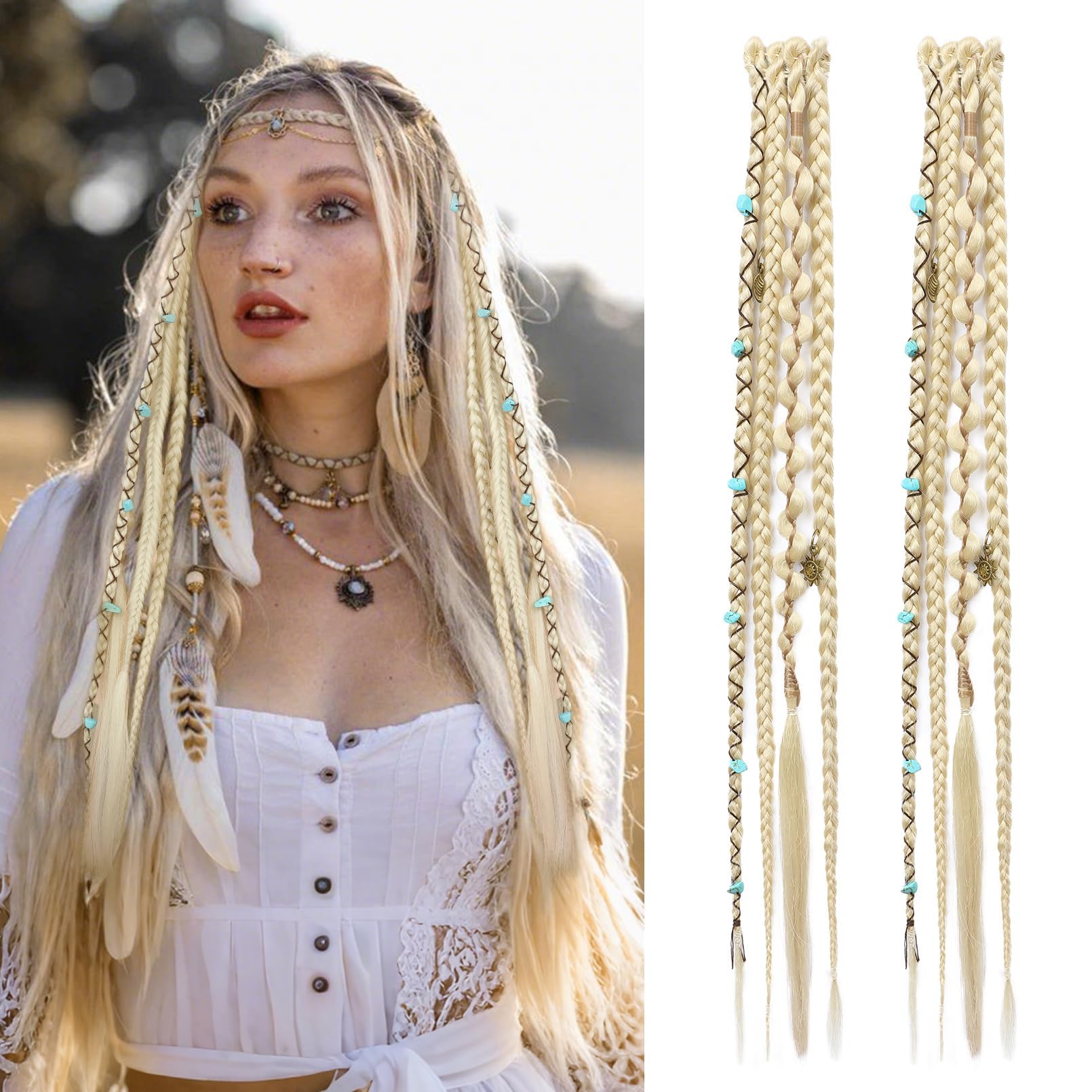 Photo 1 of REECHO Clip in Braid Hair Extensions for Women, 16" Boho Dreadlock Clip in Braids with Beads & Charms, 2PCS Handmade Synthetic Braided Hairpieces for Cosplay Daily Styling, Light Blonde