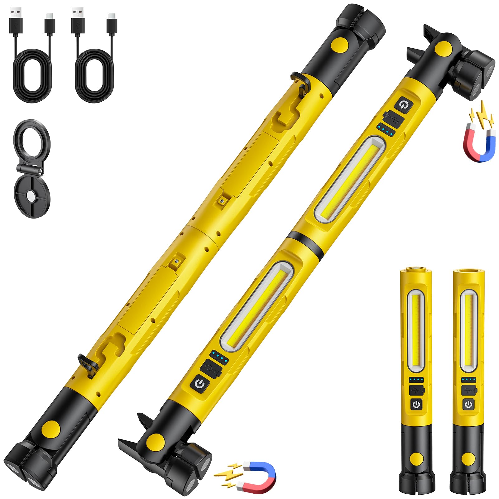 Onherm Linterna Taller LED Recargable Linterna de Trabajo con 5 Modos, 3000LM Lámparas de Inspección con Gancho y Base Magnética, para Taller, Reparación de Automóviles, Garaje y Camping (Amarillo)