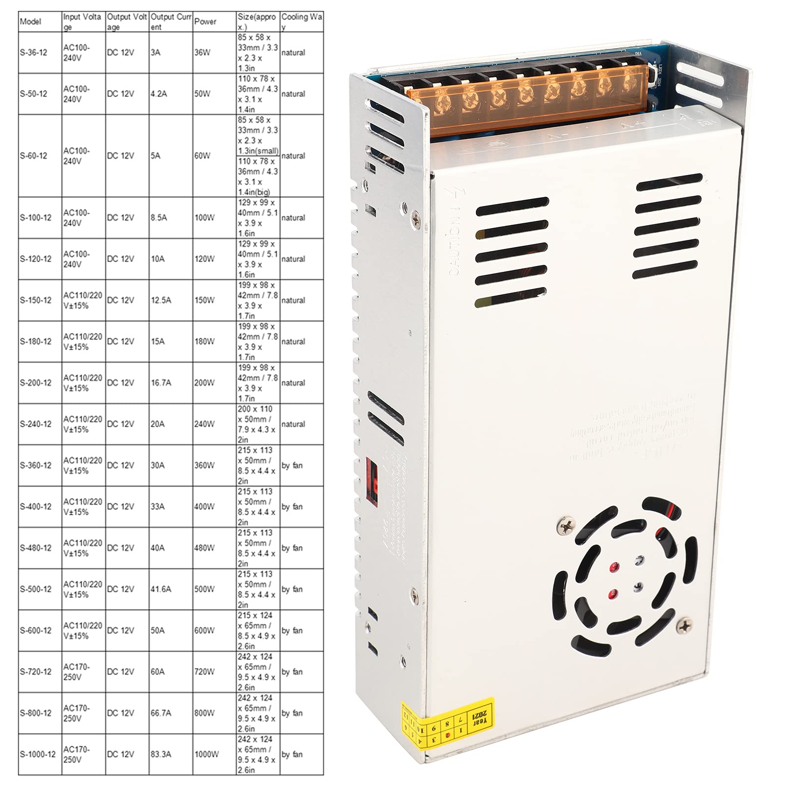 Controlador de Fuente de Alimentación Barra Luz Pantalla LED Aleación Aluminio DC12V para Automatización Industrial - Equipo Voltaje Medio y bajo Alta Eficiencia (S-600-12 (12V/50A/600W)
