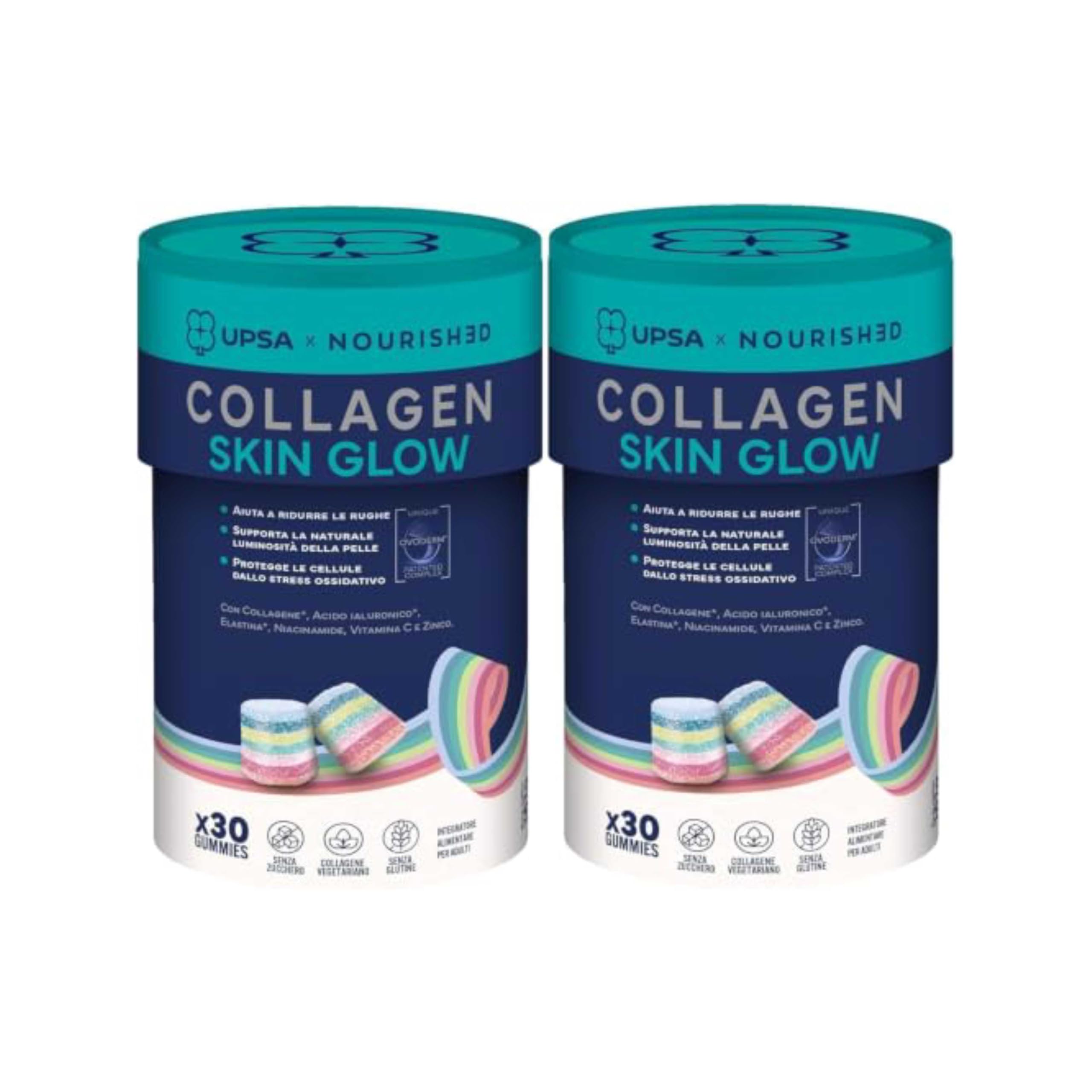 UPSA x Nourished Collagen Skin Glow, con Niacinamide 60 Gummies, Bipacco | Integratore Alimentare con Ovoderm, Niacinamide e Vitamina C, Caramelle Gommose Gusto Frutta, Senza Zucchero, Vegetariano
