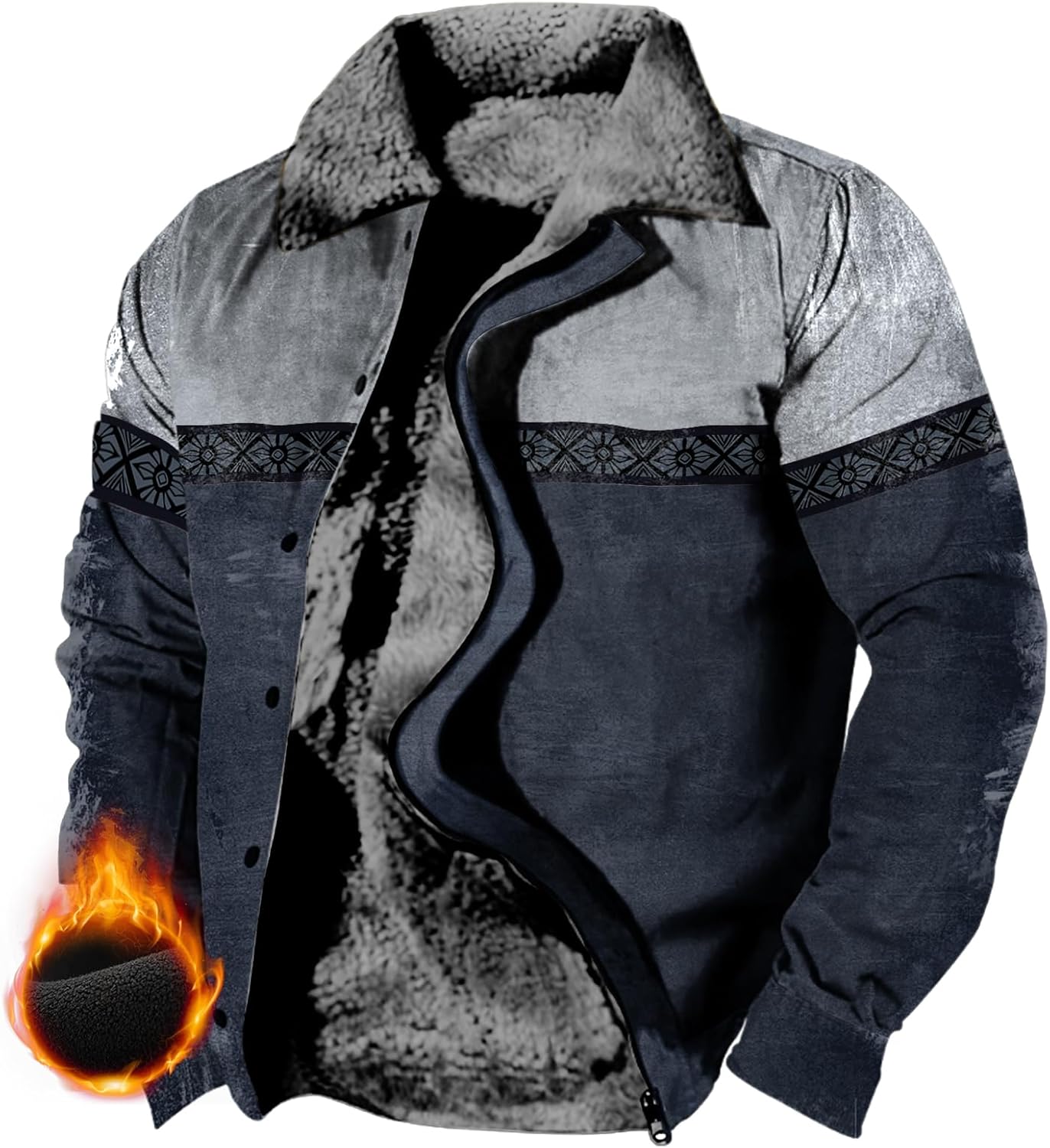 domirica Western Cowboy Ethnic Jackets for Men Longhorns Graphic Fleece Zip Up Trucker Jackets Heavyweight Work Coat