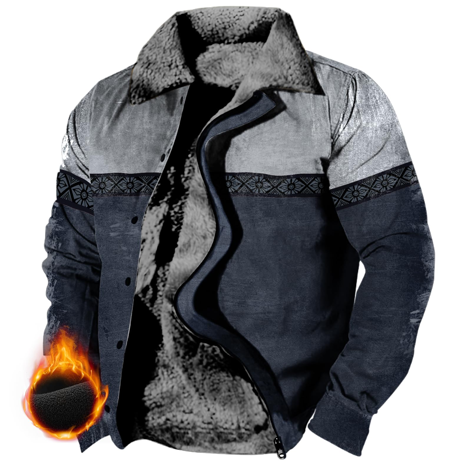 MARSVOVO Vintage Jacket Men Aztec Cowboy Hoodie Fleece Western Jacket Casual Warm Coat Long Sleeve Lapel Neck