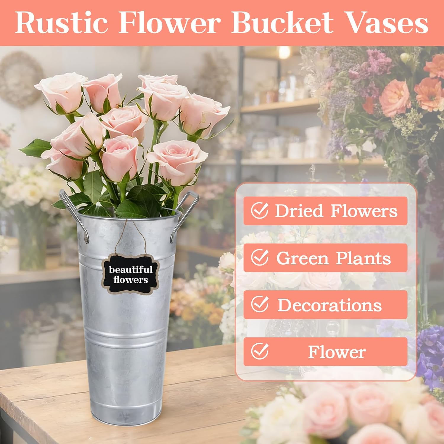 8pcs 9inch Galvanized Metal Flower Vases with Handles,Rustic Flower Bucket Vases with Small Chalkboard Label,Flower Vases for Bouquet,Flower Buckets for Flower Bar Supplies - Image 3
