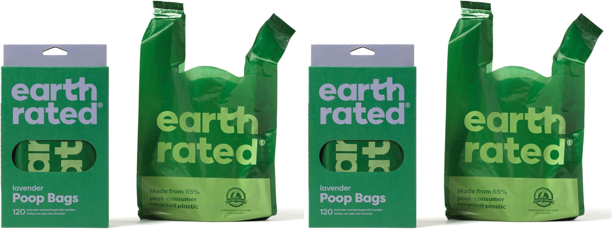 Earth Rated Hundekotbeutel, neues aussehen, mit Henkeln, leicht zu verknoten und garantiert auslaufsicher, Lavendelduft, 120 Henkelbeutel (Packung mit 2)