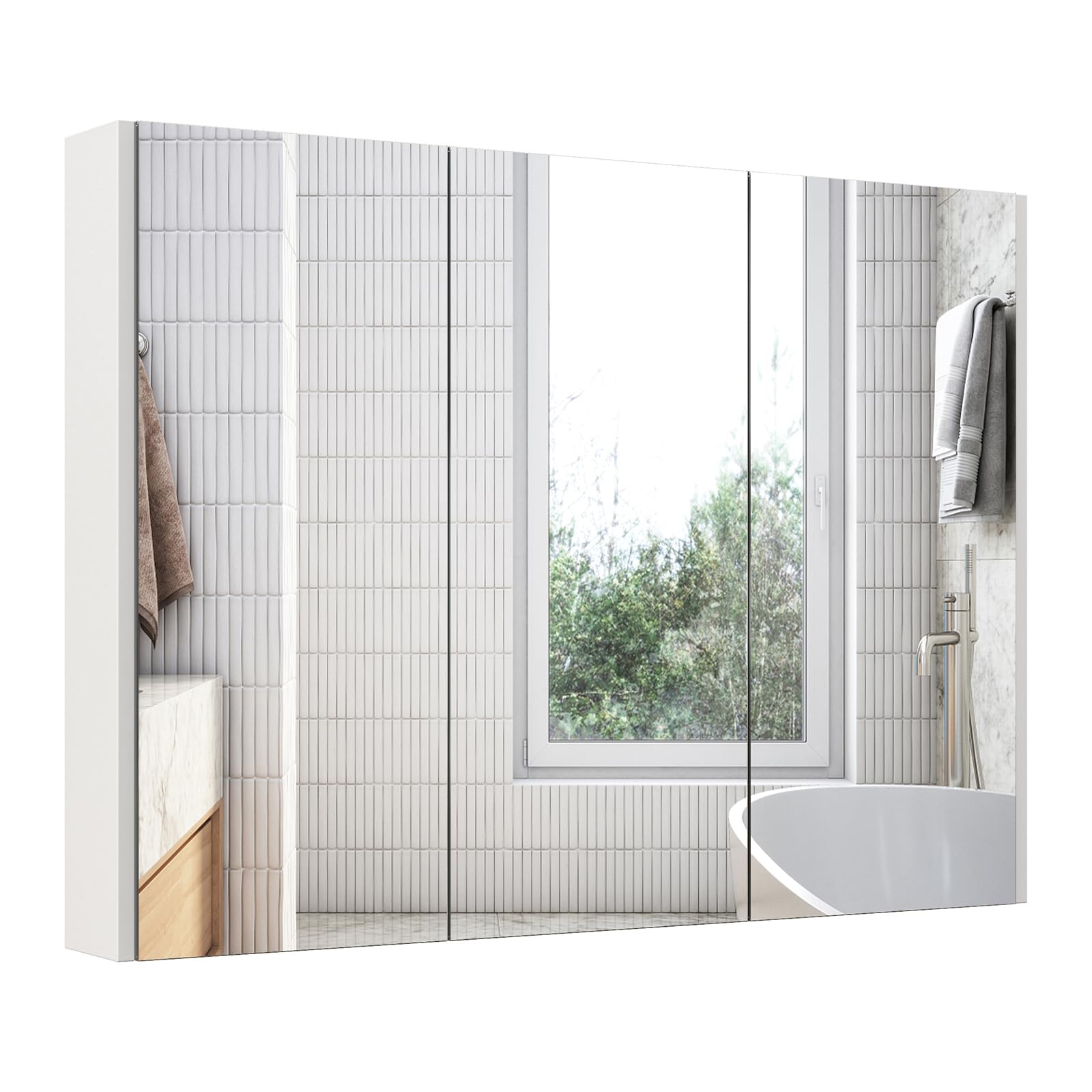 GIANTEX Armoire Murale de Salle de Bain avec 3 Portes à Miroir Complète, Meuble de Rangement en Bois Étagères Réglable, 90 x 11 x 65 cm, Blanc
