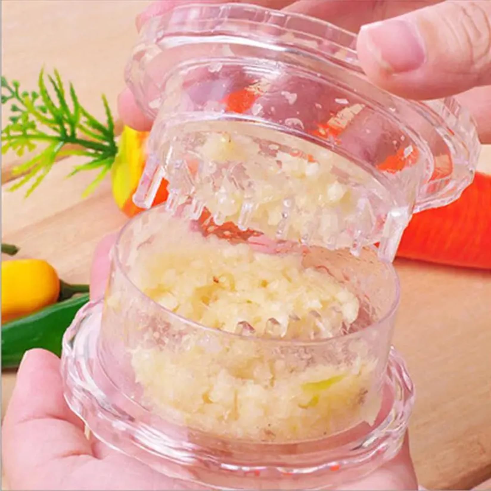 Trituradora de ajo, paquete de 2, herramienta para picar ajos de plástico transparente con molinillo giratorio, utensilio de cocina fácil de girar y sin ensuciar