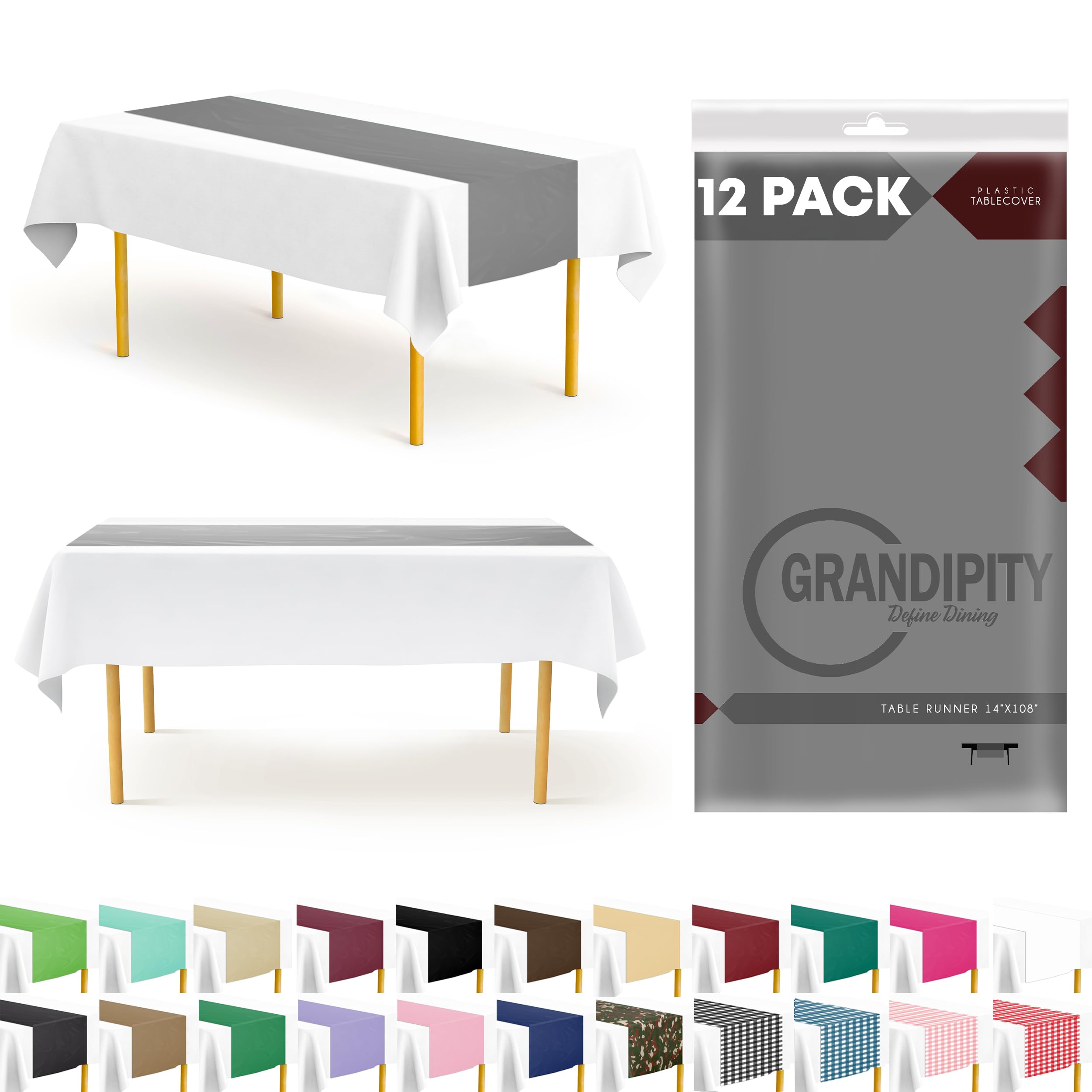 Silver 12 Pack Premium Disposable Plastic Table Runner 14 x 108 Inch. Table Runner for Dinner Parties & Events by Grandipity