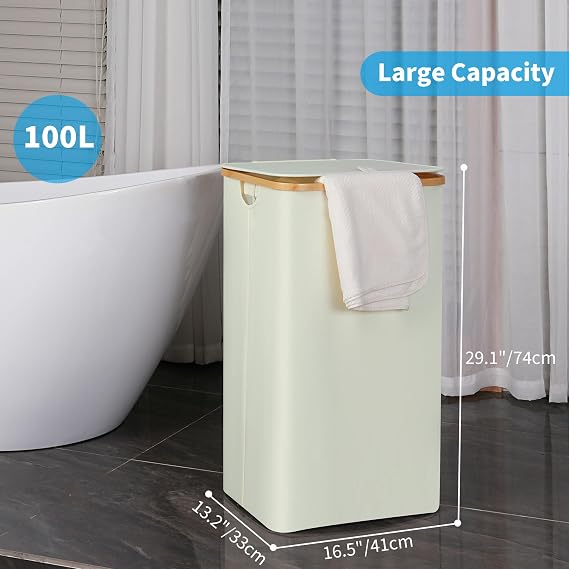 efluky Laundry Basket with Lid, 100 Litres, High Laundry Box with Bamboo Handle and Inner Pocket, Foldable Large XXL Laundry Basket, Laundry Baskets, Beige