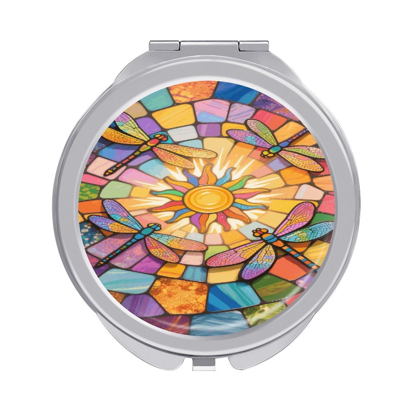 VstaDank Stained Glass Dragonfly Travel Makeup Mirror 2 X /1 X Magnifying Mini Vintage Pocket Mirror for Purse Small Portable Folding Small Round Mirrors Portable Vanity Mirrors for Women