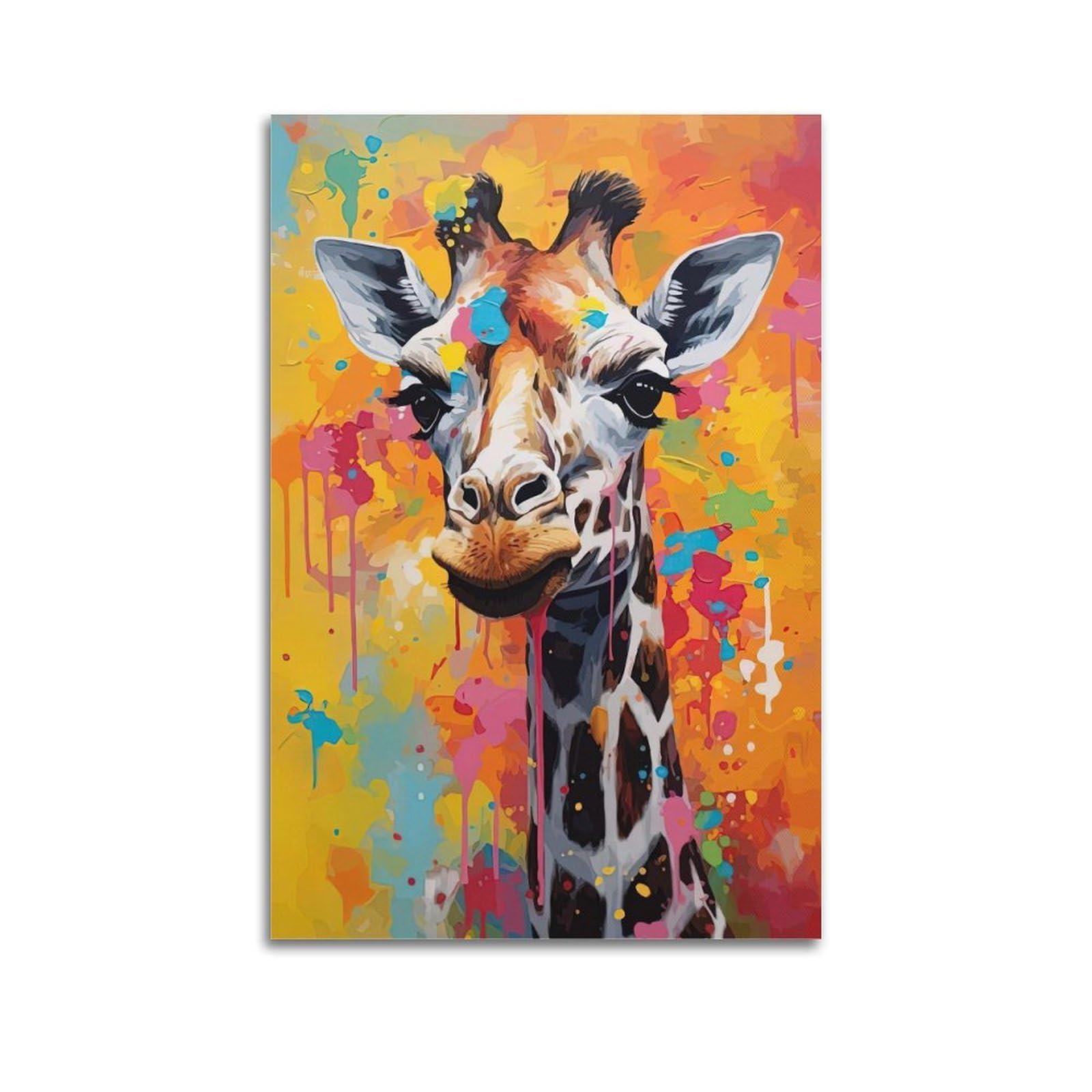 DLJGDS Vibrant Giraffe Art Piece with Colorful Splashes, Minimalist & Retro - Chic Decorative Painting Canvas Wall Posters And Modern Family Bedroom Decor 24x36inch(60x90cm)