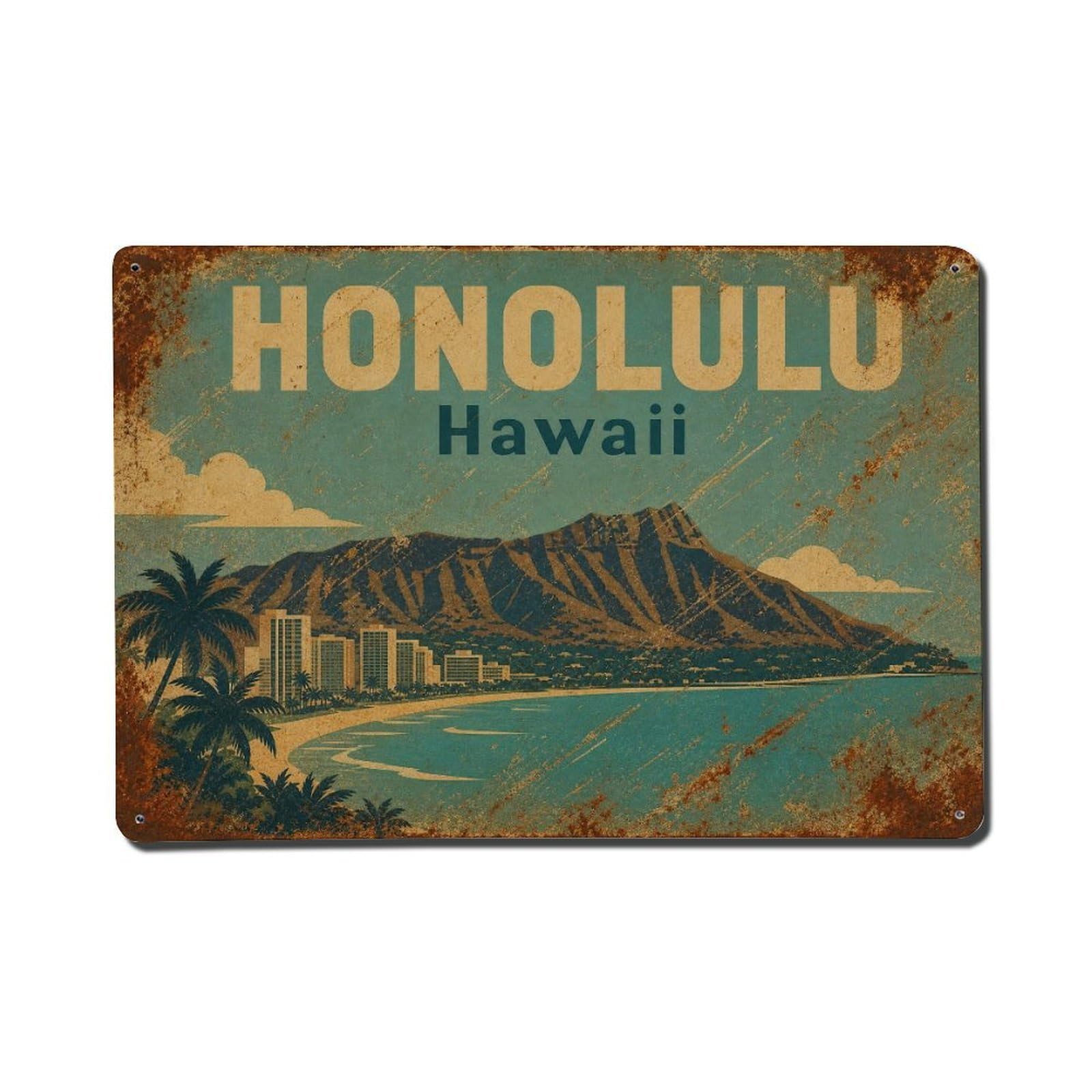 Honolulu Hawaii Beach Volcanic Crater Island Travel Metal Tin Sign