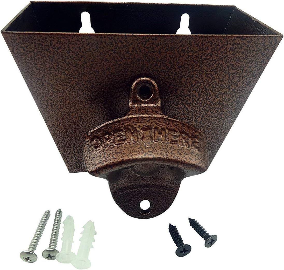 Bottle Opener Cast Iron Wall Mount and Stainless Steel Cap Catcher with Screws - OPEN HERE Classic Mounted Vintage Style Home Bartender Restaurant Decor