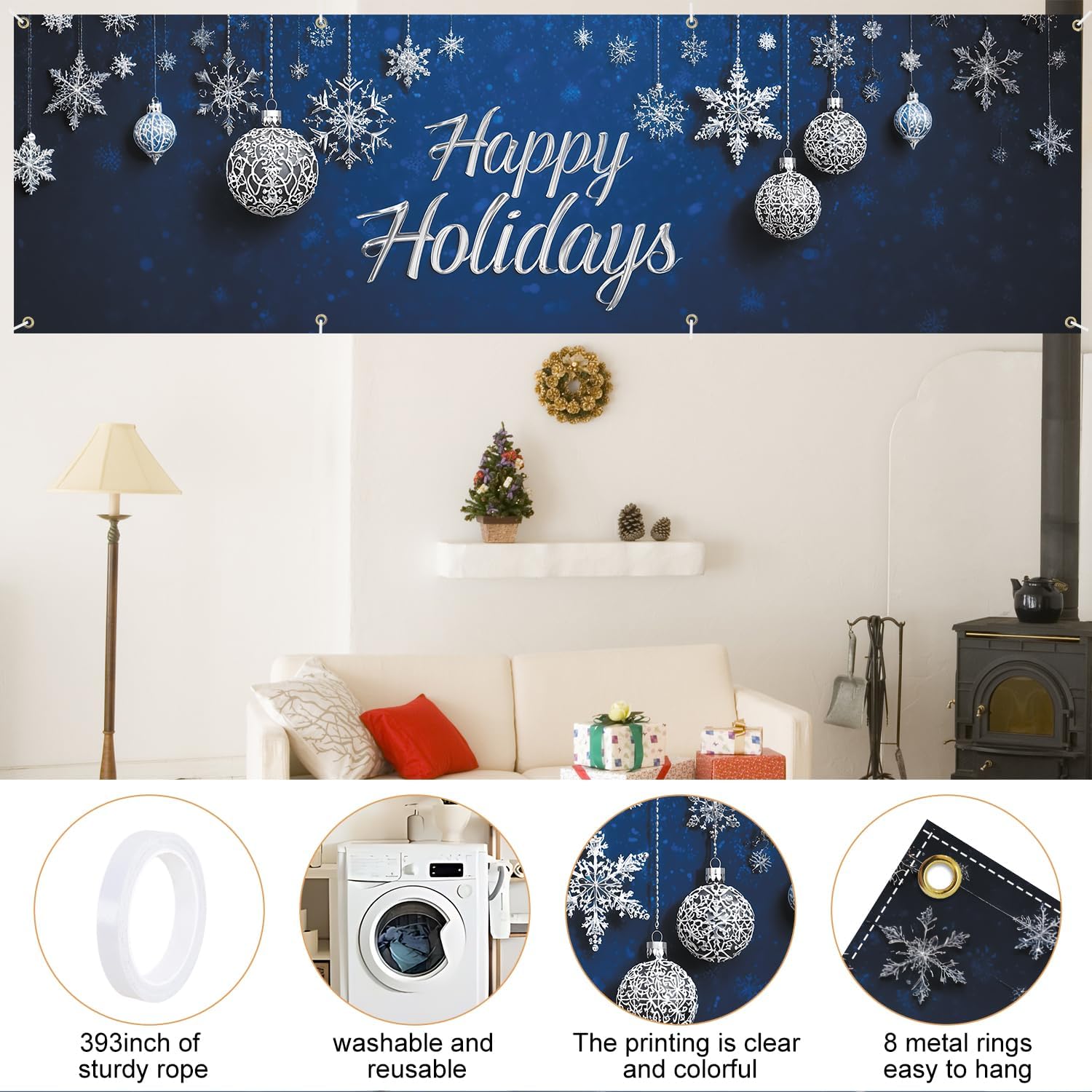 1PC 13 x 6ft Happy Holidays Garage Door Banner + 1PC 10x3 Ft Happy Holiday swith Snowflakes and Ornaments Banner