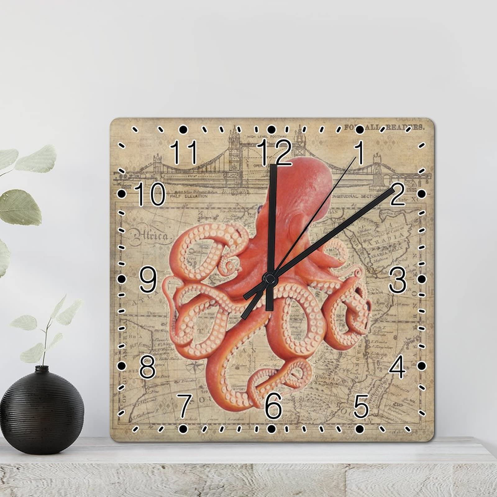 Horloge murale carrée pieuvre corail pour calmer les intérieurs bruyants