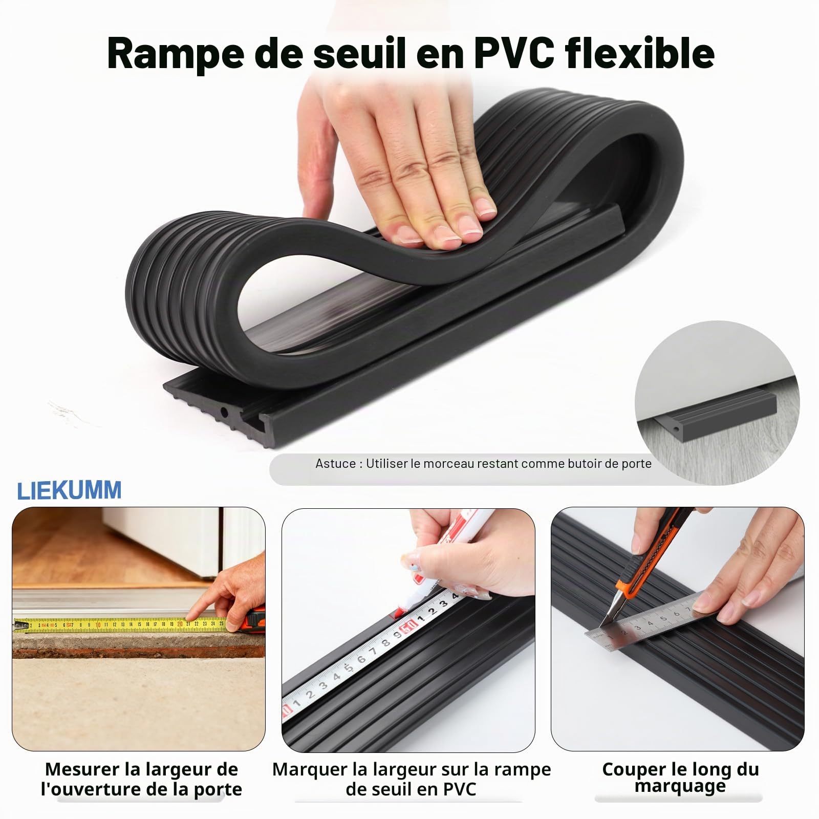 LIEKUMM Rampe Fauteuil Roulant, Hauteur 1,5 cm Coupeable PVC Rampe de seuil | Capacité 1000 kg Rampe de Seuil Autocollante, Antidérapant, Utilisable en Intérieur Extérieur, Pour Couloirs, Salles de Bain