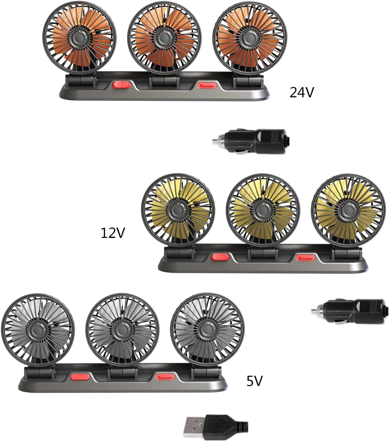 USB Fan,Car Fan USB 5V 12V 24V 2 Speed Electric Car Cooling Fan 3 Head Rotatable Quiet Strong Dashboard Cooling Air Circulators