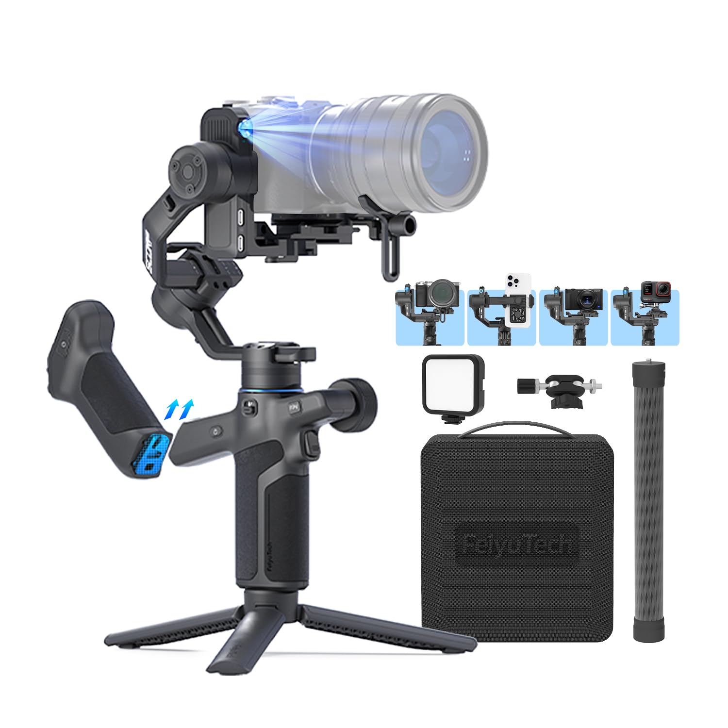 FeiyuTech SCORP Mini 3 Pro Combo AI Tracker Camera Gimbal with Bag+Fill Light+Extension Pole+Articulating Arm,Detachable Remote Handle All in One Stabilizer,Payload 4.4lbs,Bluetooth/Type C Control