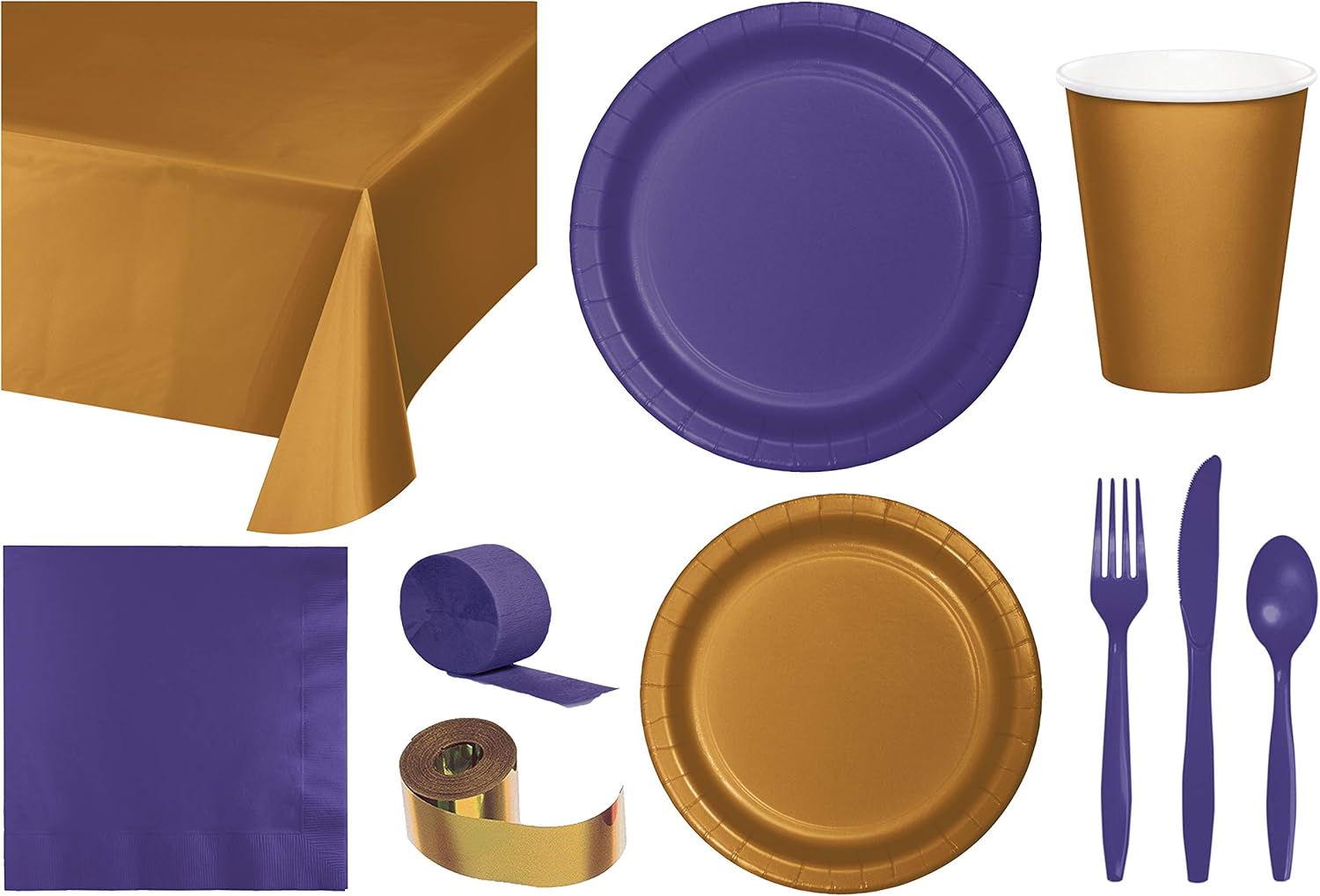 Baxters Party Bundle Bulk, Tableware for 24 People Gold and Purple, 2 Size Plates Napkins, Paper Cups Tablecovers and Cutlery, Box of 199