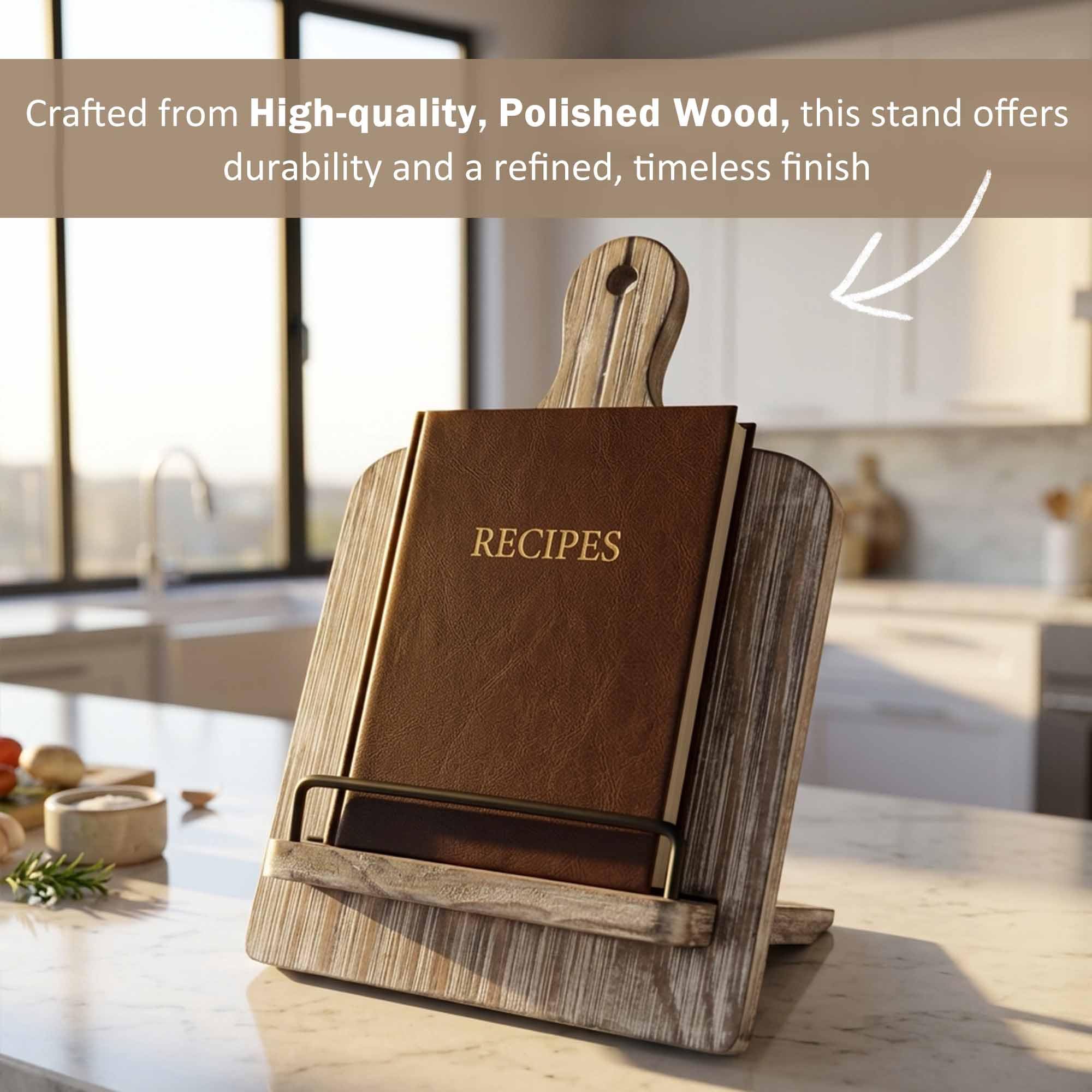 Soporte para libros de cocina Soporte para libros de cocina | Soporte para recetas de madera estilo tabla de cortar con soporte extraíble ajustable (gris)