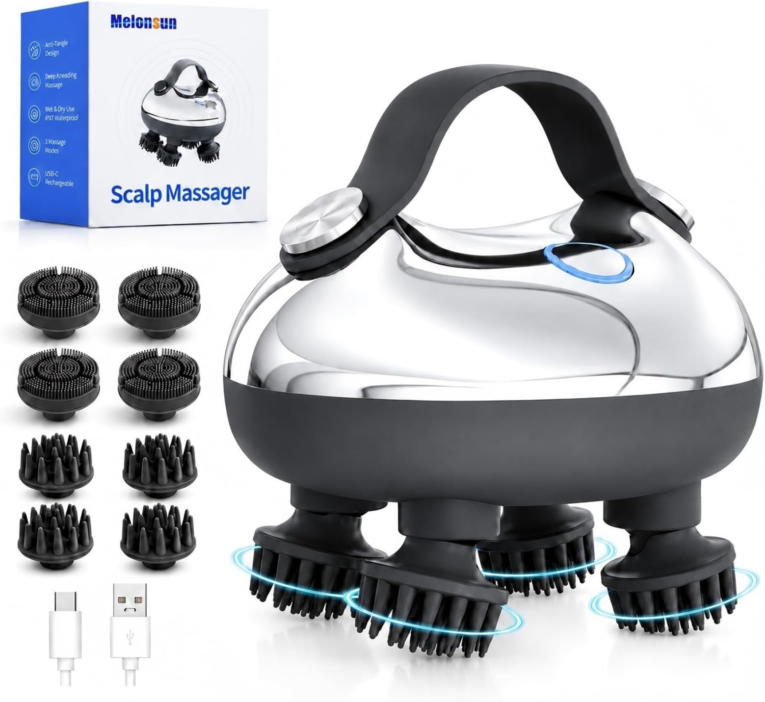 Melonsun Electric Scalp Massager, 2 Claw Sets, IPX7 Waterproof, Silver | Metallic Finish, Anti-Tangle 360° Kneading, 100 Nodes + 1,000+ Cleansing Tips, 3 Modes, USB-C Rechargeable, 15-Min Auto-Off