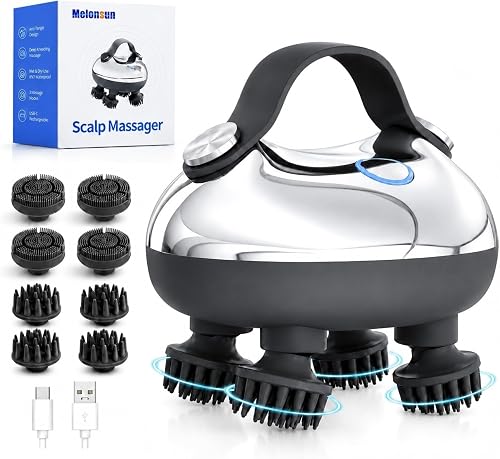 Melonsun Electric Scalp Massager, 2 Claw Sets, IPX7 Waterproof, Silver | Metallic Finish, Anti-Tangle 360° Kneading, 100 Nodes + 1,000+ Cleansing Tips, 3 Modes, USB-C Rechargeable, 15-Min Auto-Off