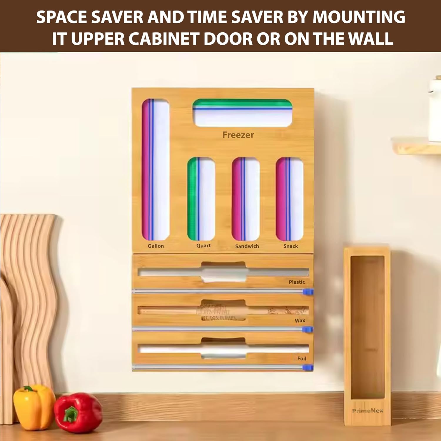 9 IN 1 Storage Bag Organizer and Plastic Wrap Dispenser with Cutter for Kitchen Drawer – Organizer for Gallon, Quart, Sandwich Bags, Aluminum Foil, and Wax Paper (Natural)