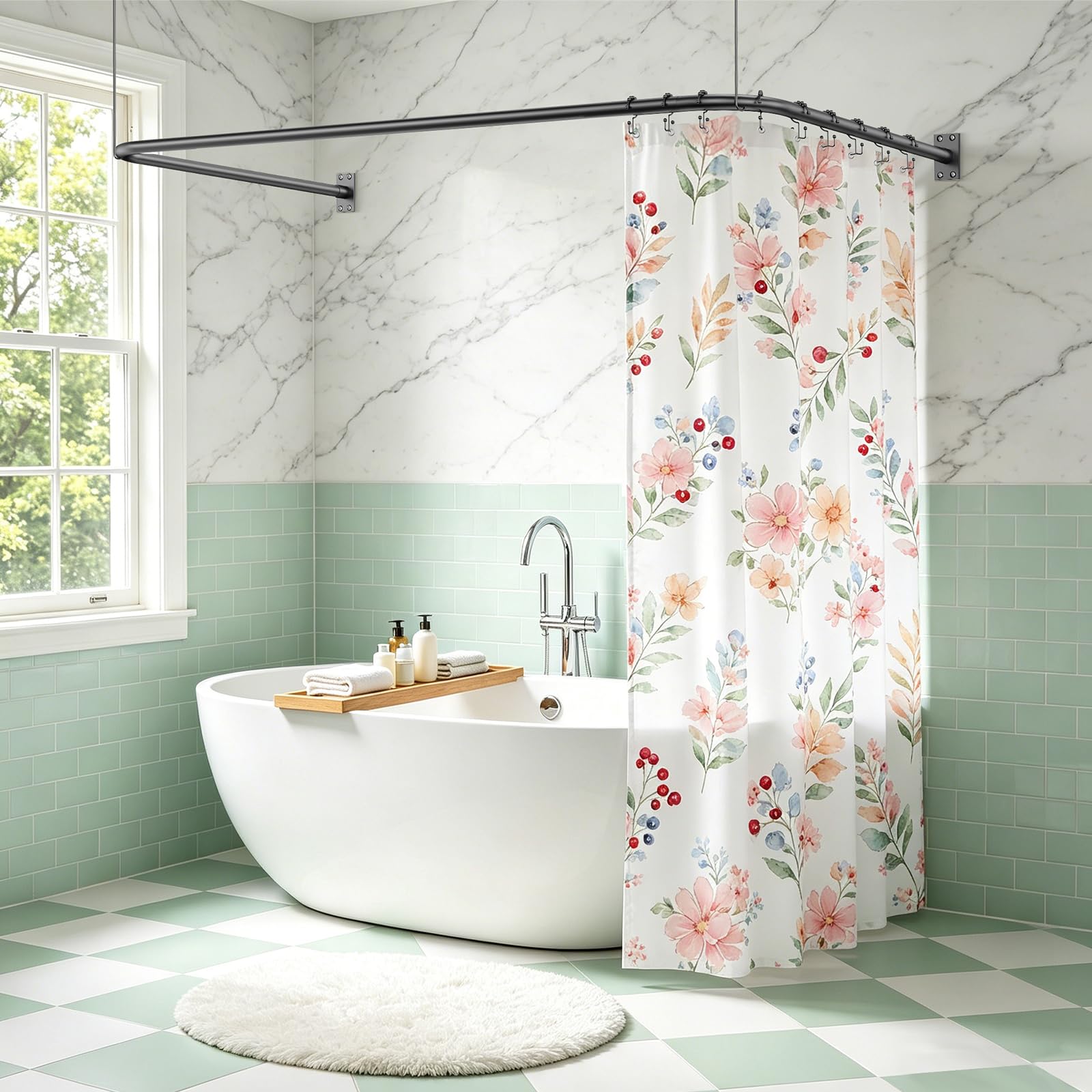 Tringle à rideau de douche en forme U/L [75-78x150-190x75-78] cm, noir | Tringle de douche réglable pour baignoires/douche, barre d'angle inoxydable, avec 20 anneaux de rideau